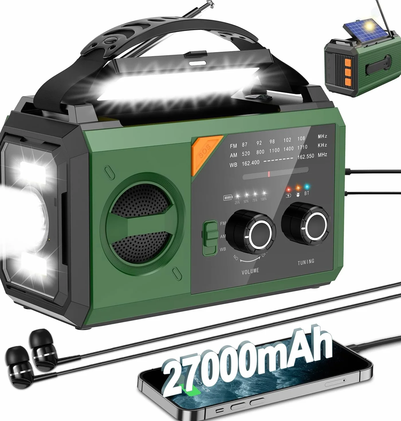 27000 mAh Radio de Emergencia con manivela, energía Solar, batería y USB, Radio meteorológica portátil Am/FM con Bluetooth, Conector para Auriculares, luz de Lectura, Linterna, brújula y Alarma SOS