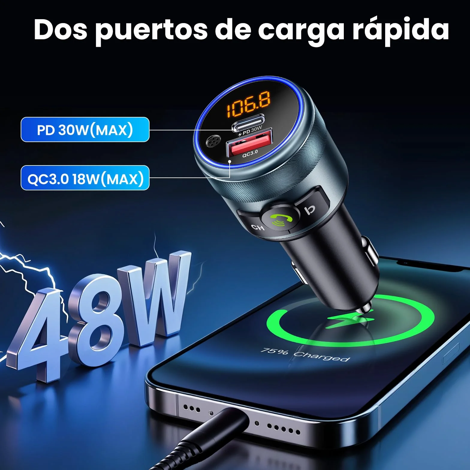 GizmoVine Transmisor FM Bluetooth Coche, Bluetooth 5.3, 48W Carga Rápida Dual (PD 30W + QC3.0 18W), Manos Libres, Refuerzo de Graves, Reproductor MP3, Adaptador Bluetooth Coche Mechero