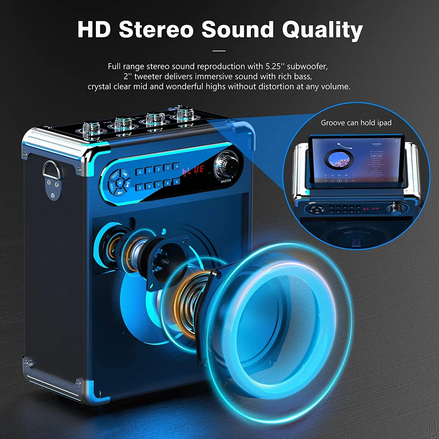 Altavoz Bluetooth, altavoz inalámbrico portátil, caja de música con luces LED de colores mixtos y 2 micrófonos, fuerte con graves potentes, compatible con tarjeta USB/TF/AUX/FM/Rec para fiestas