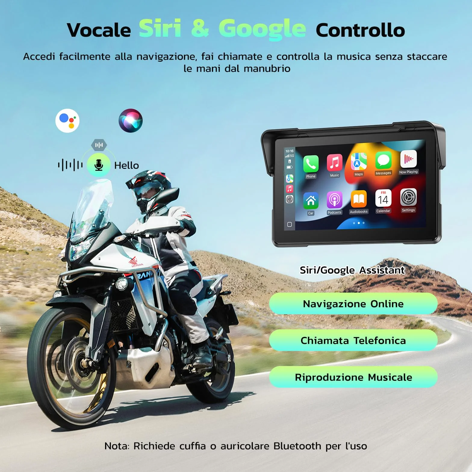 LAMTTO CarPlay Pantalla para Motocicleta 7 Pulgadas IPx7 Impermeable Inalámbrico Bluetooth GPS