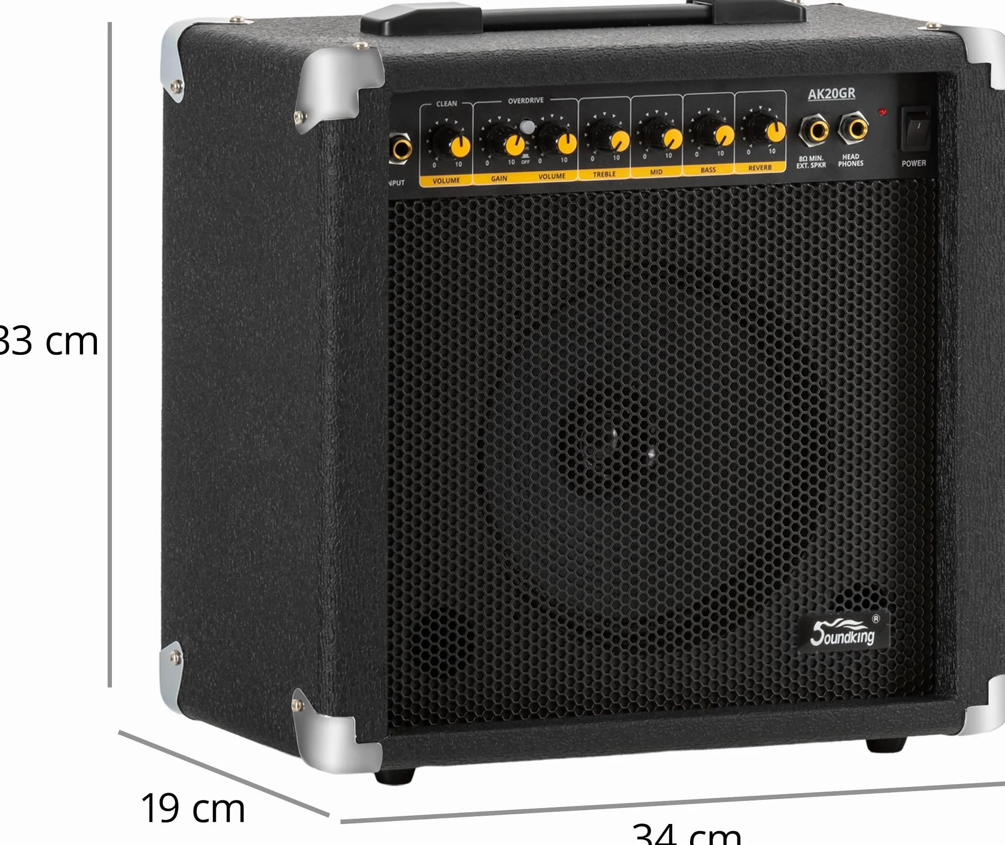 Amplificador de Guitarra Soundking AK20-GR 60W, Ecualizador 3 Bandas, Altavoz 8", 2 Canales (Limpio y Overdrive), Salida Auriculares, conexión Altavoz, Esquinas Protectoras Resistentes.