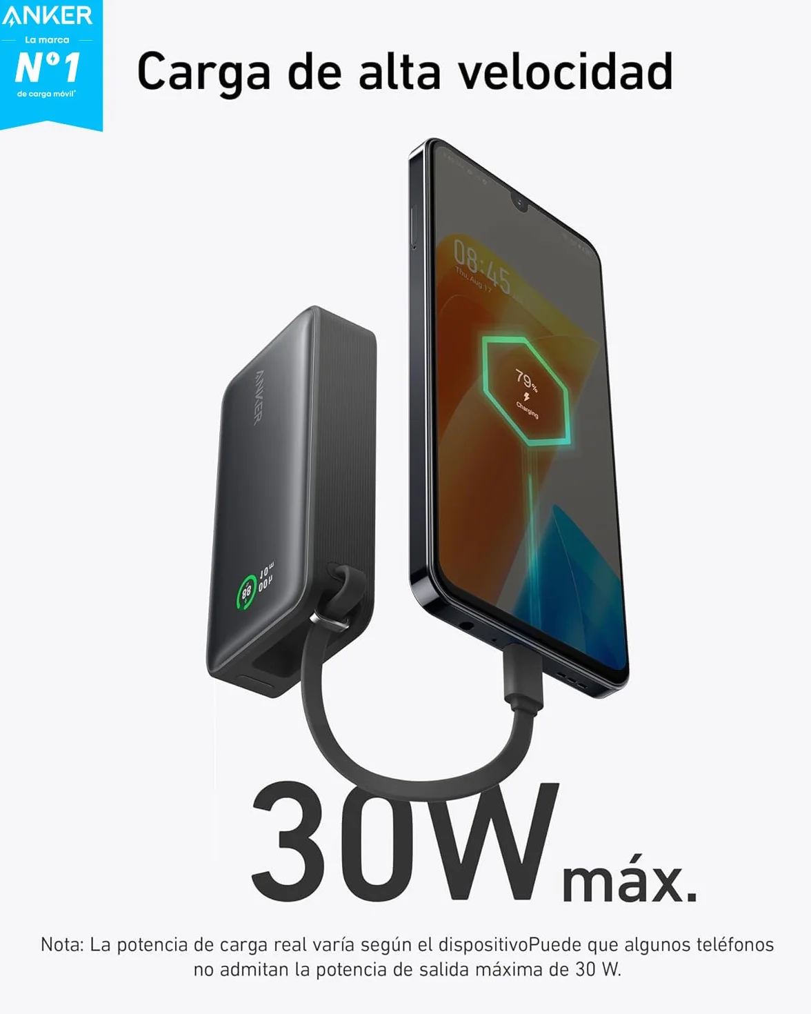 Anker Nano Power Bank 10.000 mAh Powerbank con Cable USB-C Integrado, PD 30 W de Potencia Máxima con 1 x USB-C & A, Compatible con iPhone 17/16/15/14 Series, MacBook, Galaxy, iPad, AirPods y más