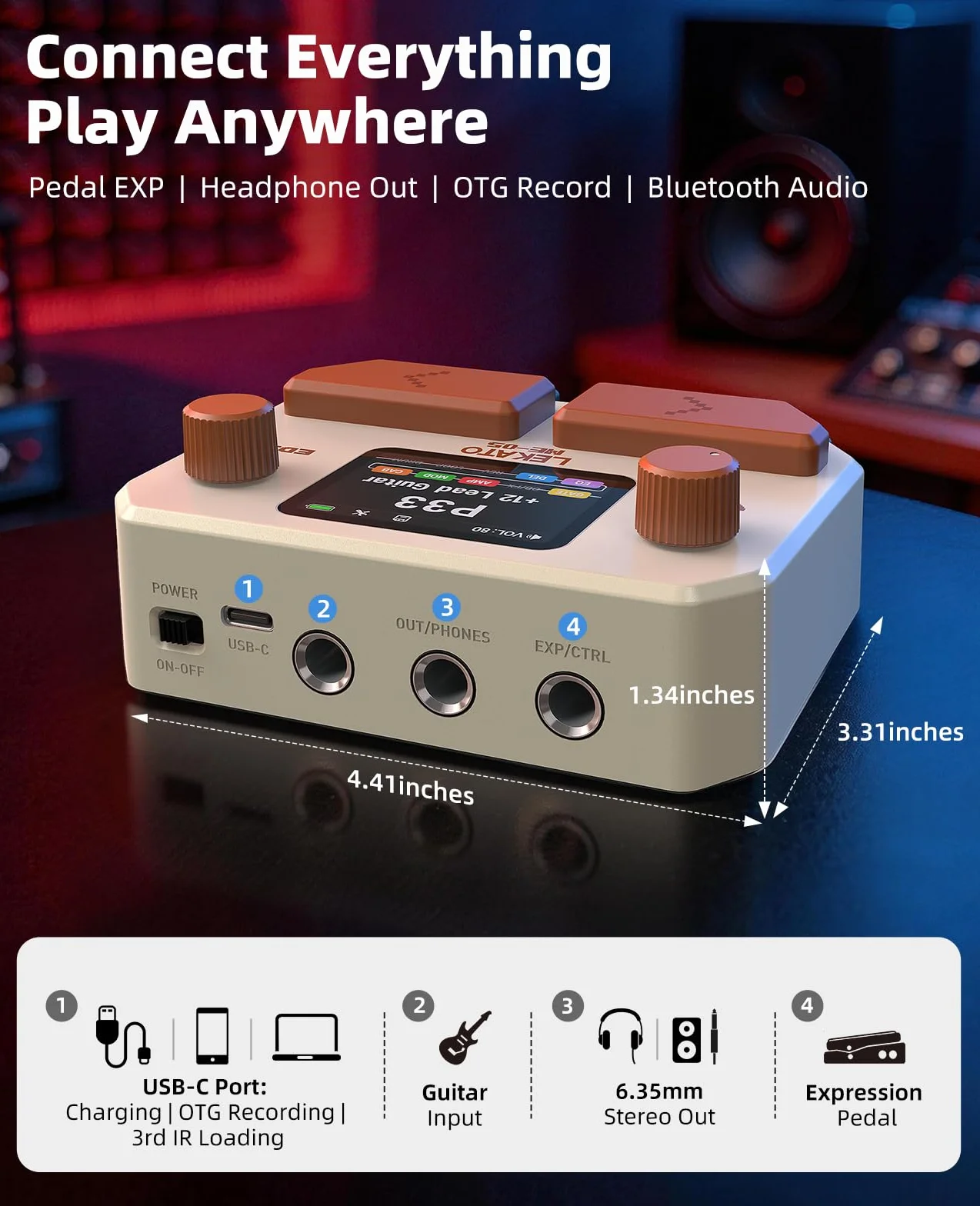 LEKATO Pedal Multiefectos para Guitarra Bajo Procesador de Múltiples Efectos 10 Módulos, 99 Presets, 30 Amp/Cab Procesador de Efectos, Interfaz de audio USB OTG y BT, pantalla LCD de 2", Blanco