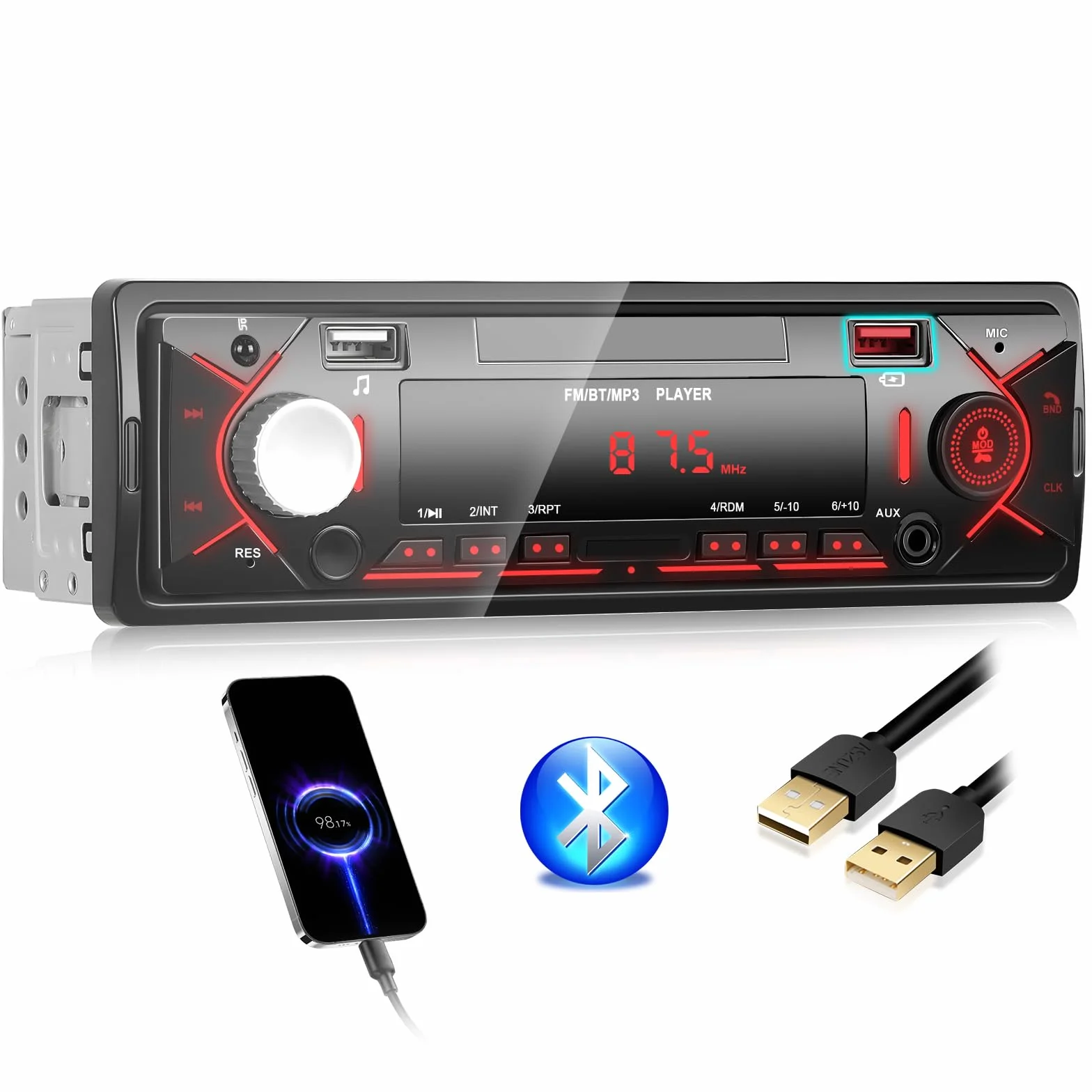 Radio de Coche Bluetooth 1 DIN, Autoradio soporta FM Radio, AUX/TF, Reproducción USB y Carga, Entrada de Disco Pantalla de Tiempo