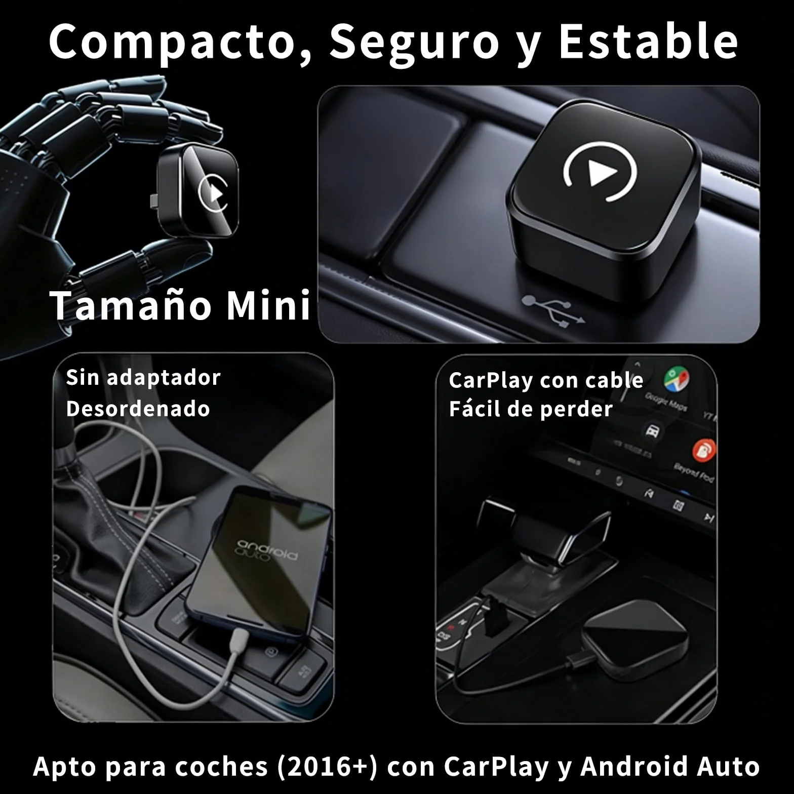 Adaptador CarPlay Inalámbrico 2 en 1 Bluetooth para Coches iPhone iOS 10+ Android 11+