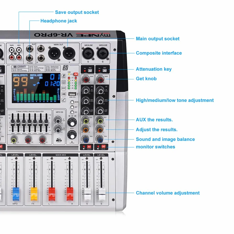Mezclador de audio VR-6 PRO, 550W x 2 amplificador de salida de alta potencia, 99 efectos DSP, consola de DJ de audio bluetooth, pantalla de espectro de pantalla grande, sintonizador de DJ con