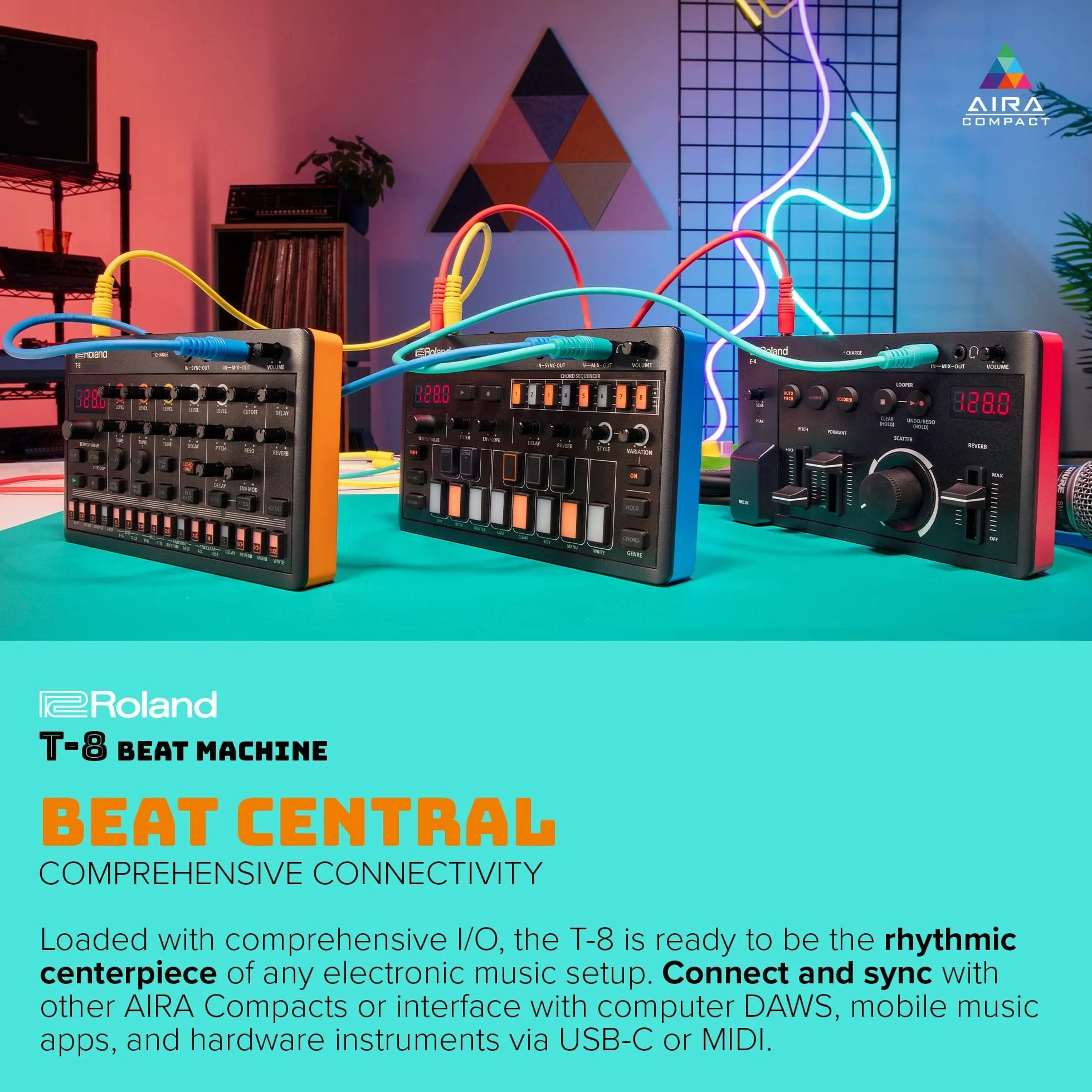 ROLAND AIRA Compact T-8 BEAT MACHINE | Máquina de ritmo y bajo ultraportátil con original Roland Sounds | Seis pistas rítmicas con sonidos de TR-808, TR-909 y TR-606, negras y naranjas