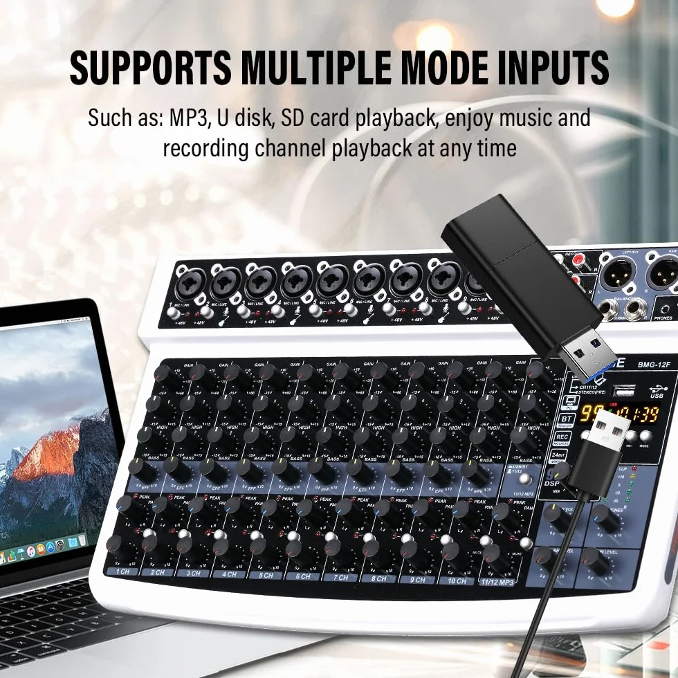 BOMGE Mezclador de audio profesional, 12 canales, Bluetooth, USB, alimentación de 48 V, entradas XLR/RCA, efectos DSP