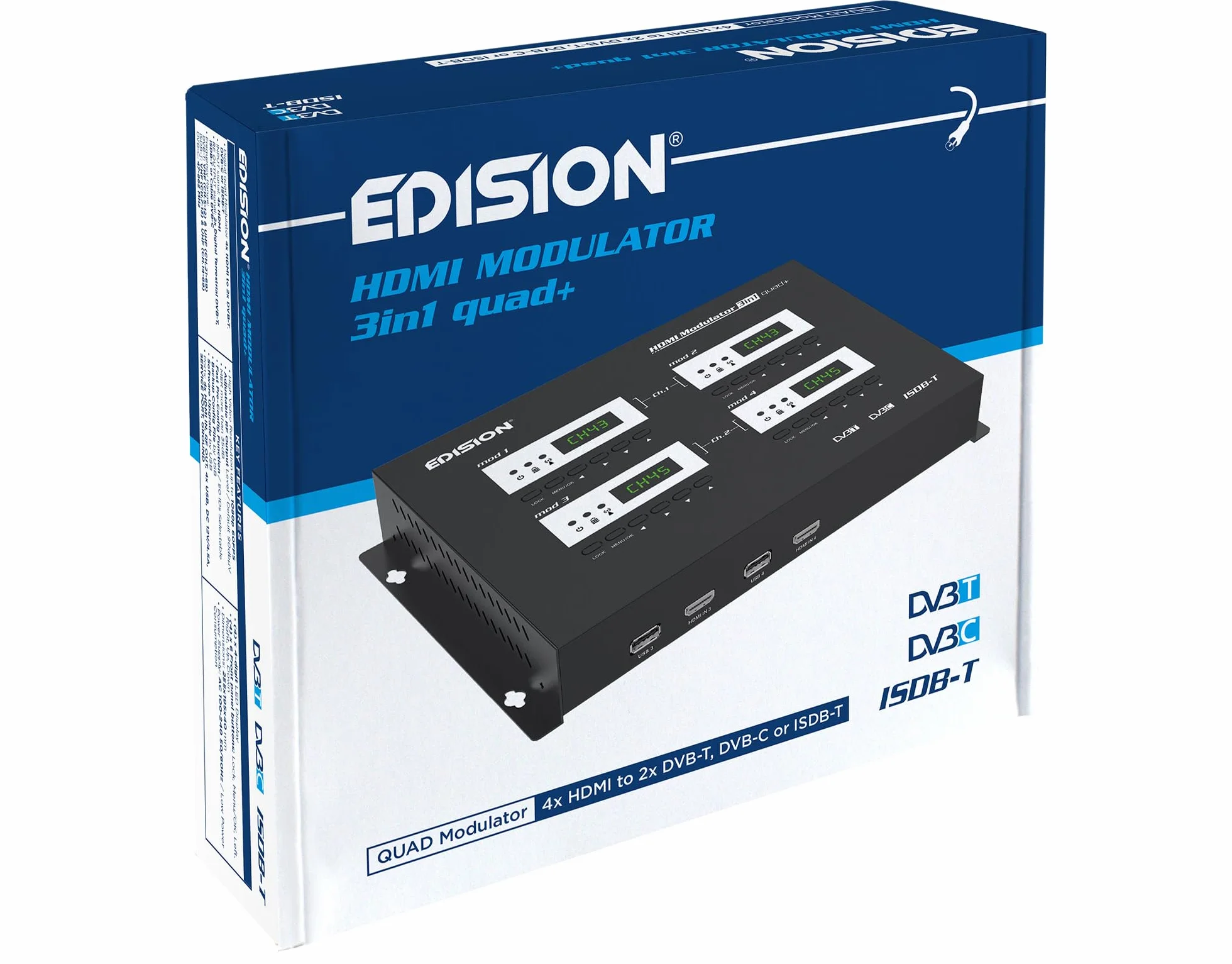 EDISION HDMI Modulator 3in1 Quad+, RF Modulador 4X HDMI a terrestre DVB-T, ISDB-T o Cable DVB-C, 3 SEÑALES de modulación SELECCIONABLES, Distribución Full HD sobre Cable Coaxial, Plug and Play