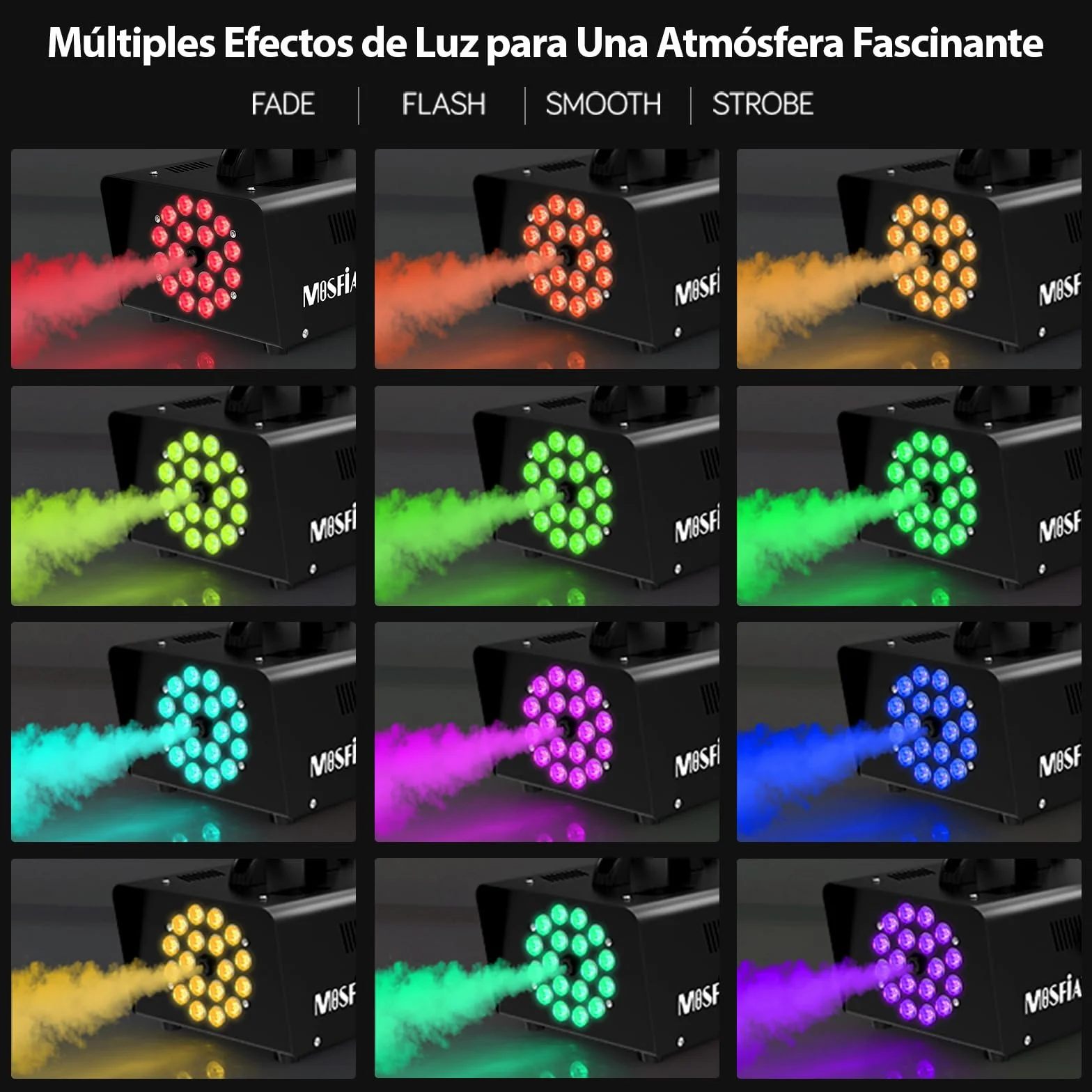 Maquina de Humo Profesional 1200W con 18 LEDs RGB Integrados para Fiestas, Halloween, Bodas, Discoteca, DJ Efecto Escenario