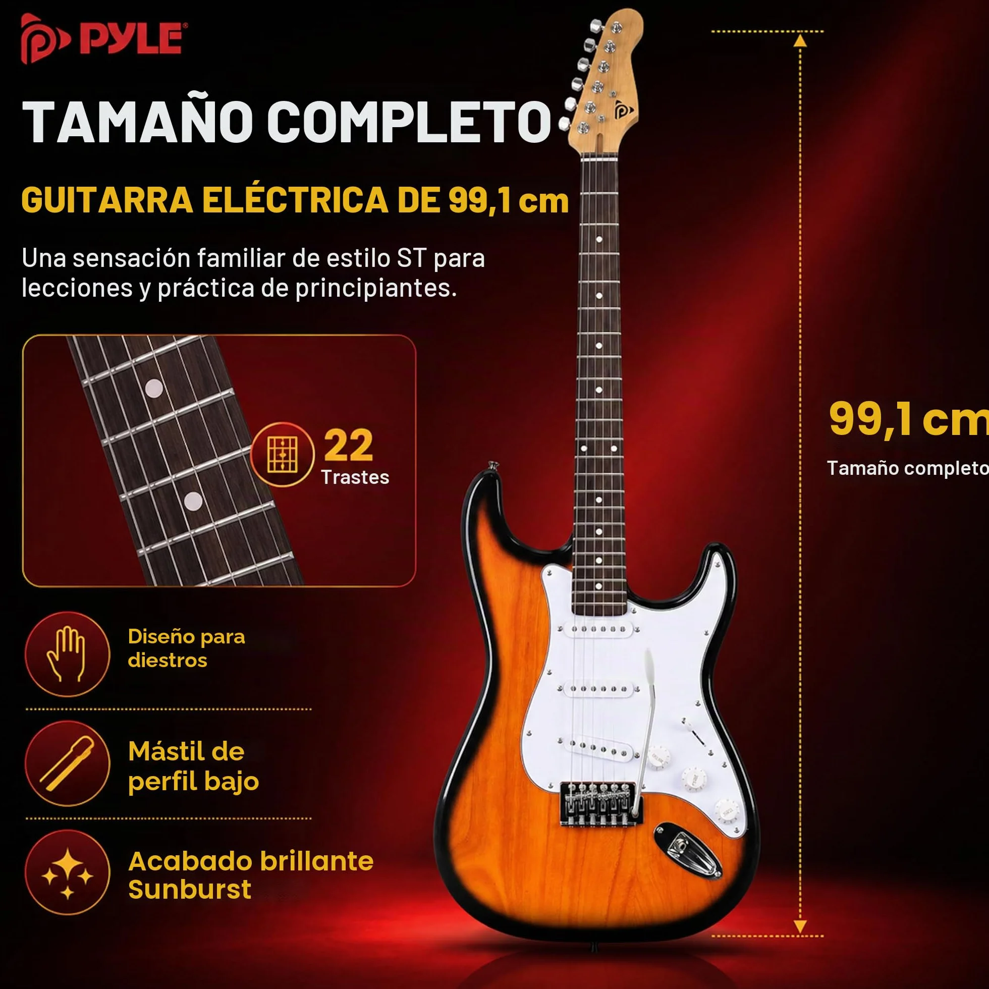 Pyle kit guitarra electrica con amplificador bluetooth portatil, Tamaño completo, Pastillas Humbucker estilo ST, Accesorios incluidos: esctuche, Correa, Cuerdas, Puas, Paño de Limpieza