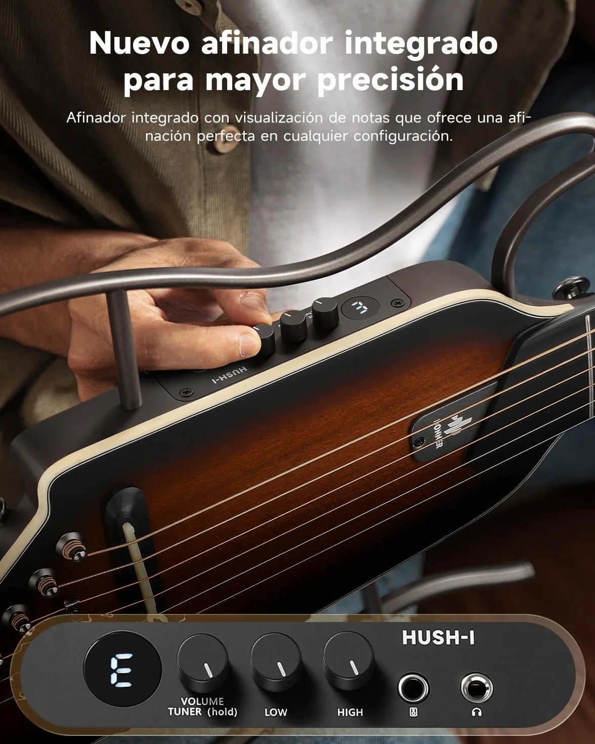 Donner HUSH I EVO2 Guitarra Acústica-Eléctrica de Viaje, Ultraligera, sin Clavijero, con Afinador Integrado, Soportes Desmontables y Salida para Auriculares – Sunburst