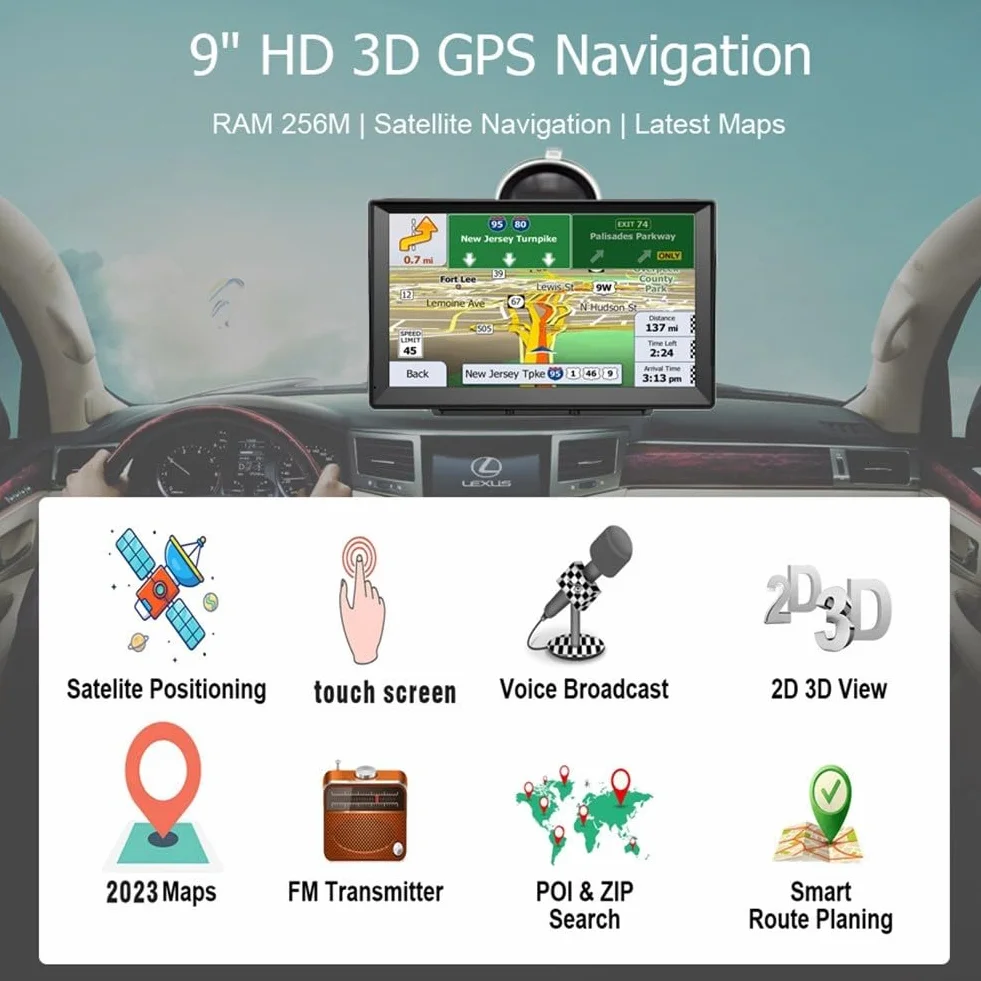 Navegador GPS 9 pulgadas para automóviles camiones 2024 Europa Reino Unido Francia Mapas actualizaciones de por vida Guía de voz Transmisión FM Reproductor