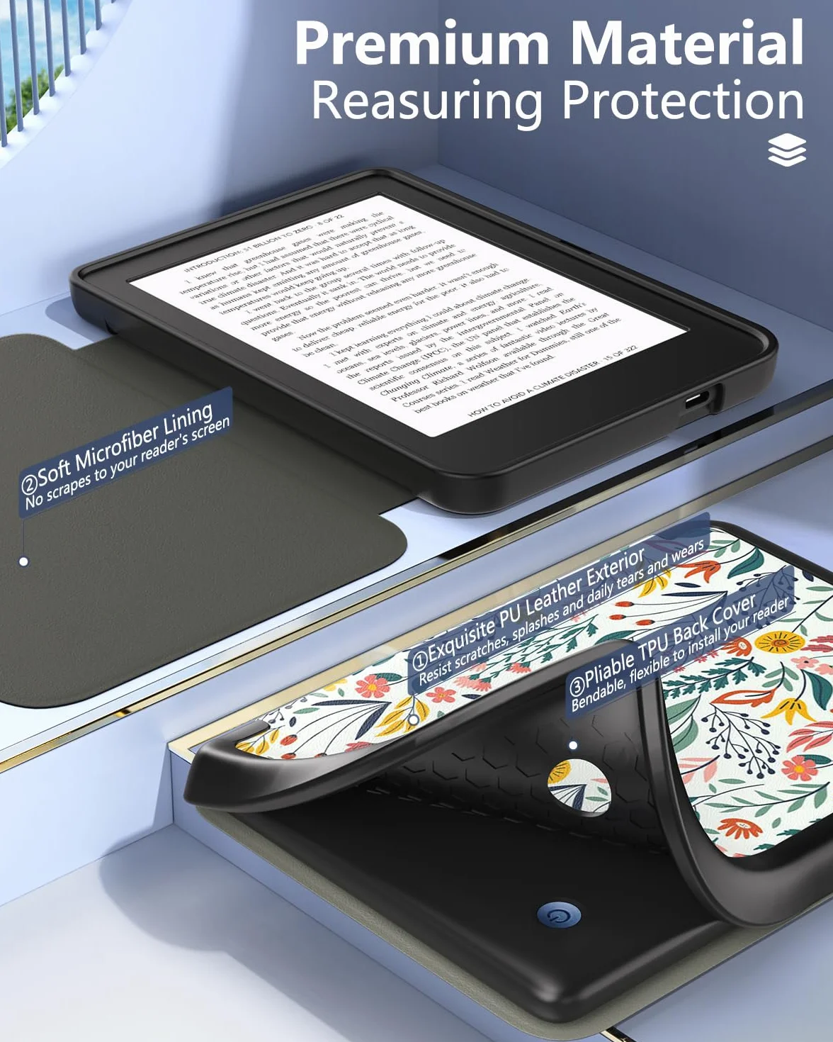 MoKo Funda para Tolino Shine Color/Shine 5(2024)/Shine 4(2022) y Kobo Clara BW/Color/2E 6", Funda Folio Ultra Delgada y Ligera con Auto Wake/Sleep, Flores