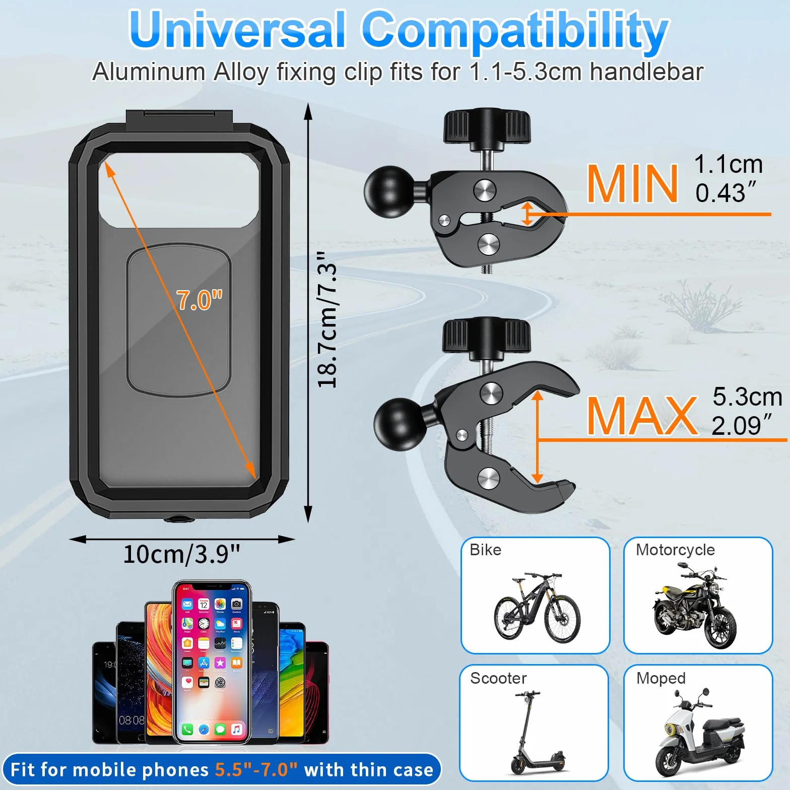 Soporte Móvil Moto Impermeable Porta Teléfono Bicicleta 720º Giratorio Brazo Extensible Metálico 5,5-7,0" Smartphones Negro