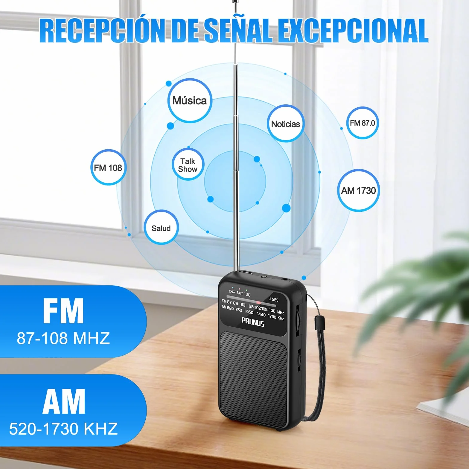 PRUNUS J-555 Am/FM Radio Portatil Pequeña Recargable, Radios Pequeña Pilas, con Toma de Auriculares, Carga USB-C, Transistor Radio de Bolsillo con Clip y cordón para Correr, Acampar. (Negro)