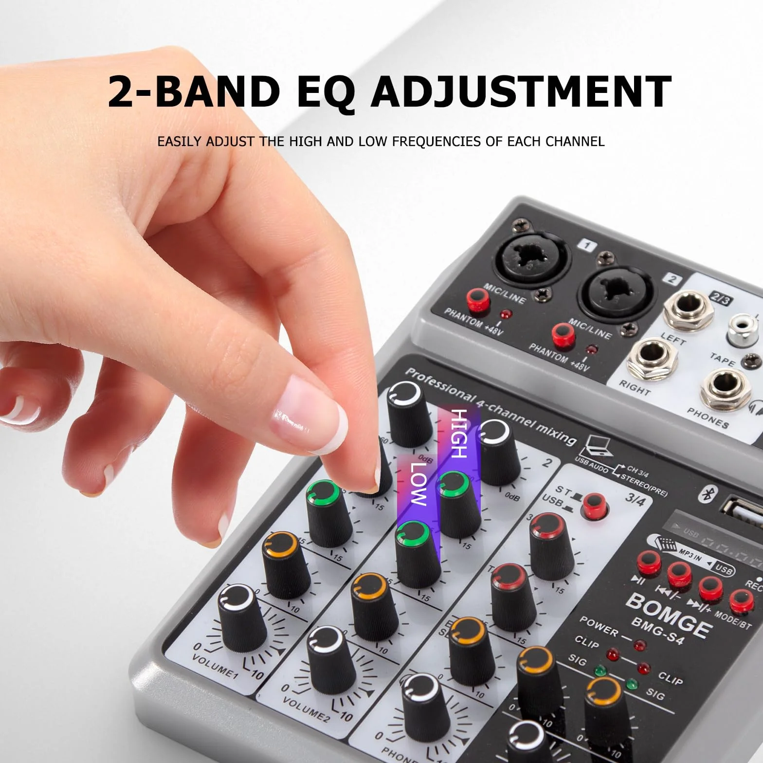 BOMGE Mezclador de audio profesional, consola de mezcla de placa de sonido con 4 canales digitales USB Bluetooth Echo Delay, entrada de 48 V Phantom Power Stereo DJ mezcladores para grabación