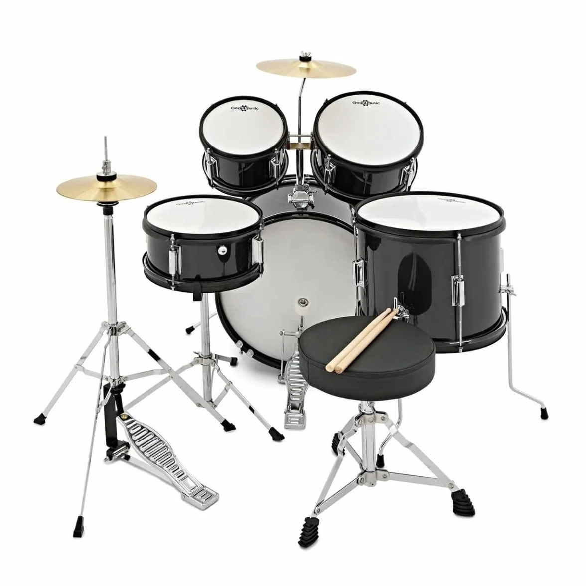 Acoustic Junior Drum Kit Negro 5-Piezas Kid Drum Set para niños de 5-10 años con Snare, Bajo, Tom, platillos