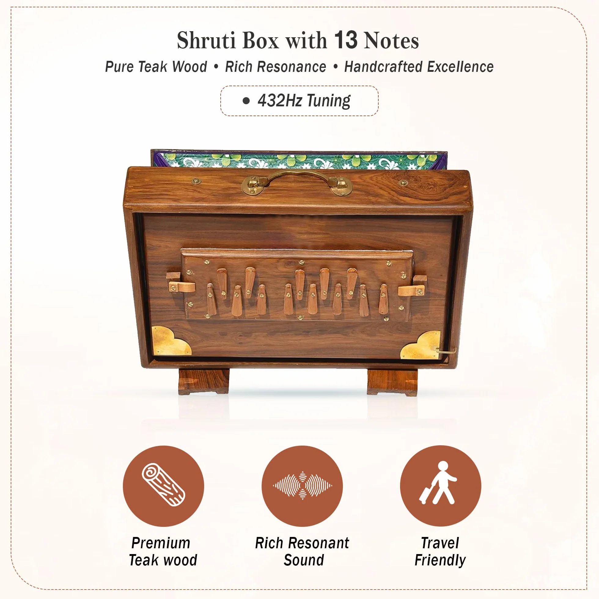 Shruti Box with 13 note Tuned 432 Hertz Padded Carry Bag Made by Teak wood