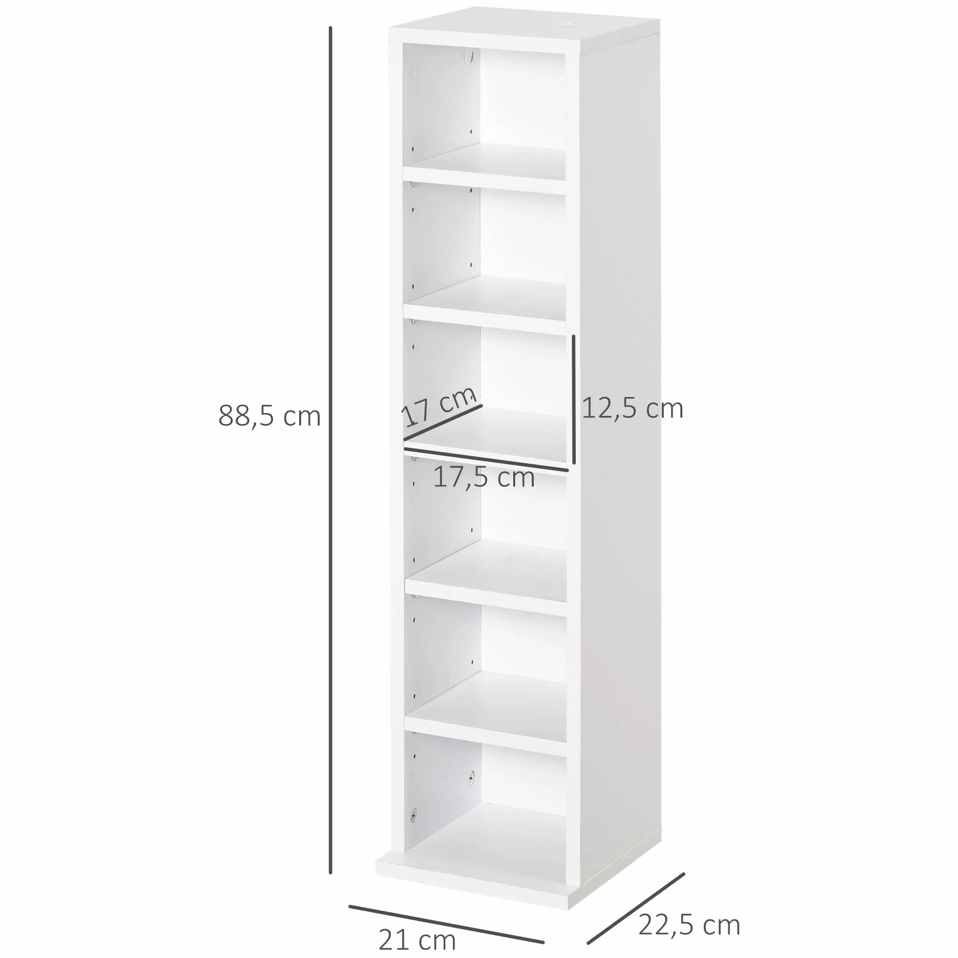HOMCOM Set de 2 Estanterías para CDs y DVDs, Soportes para CD Estrechos con 12 Compartimentos, Estantes Ajustables, Estanterías para Salón, Oficina, 21x22,5x88,5 cm, Blanco