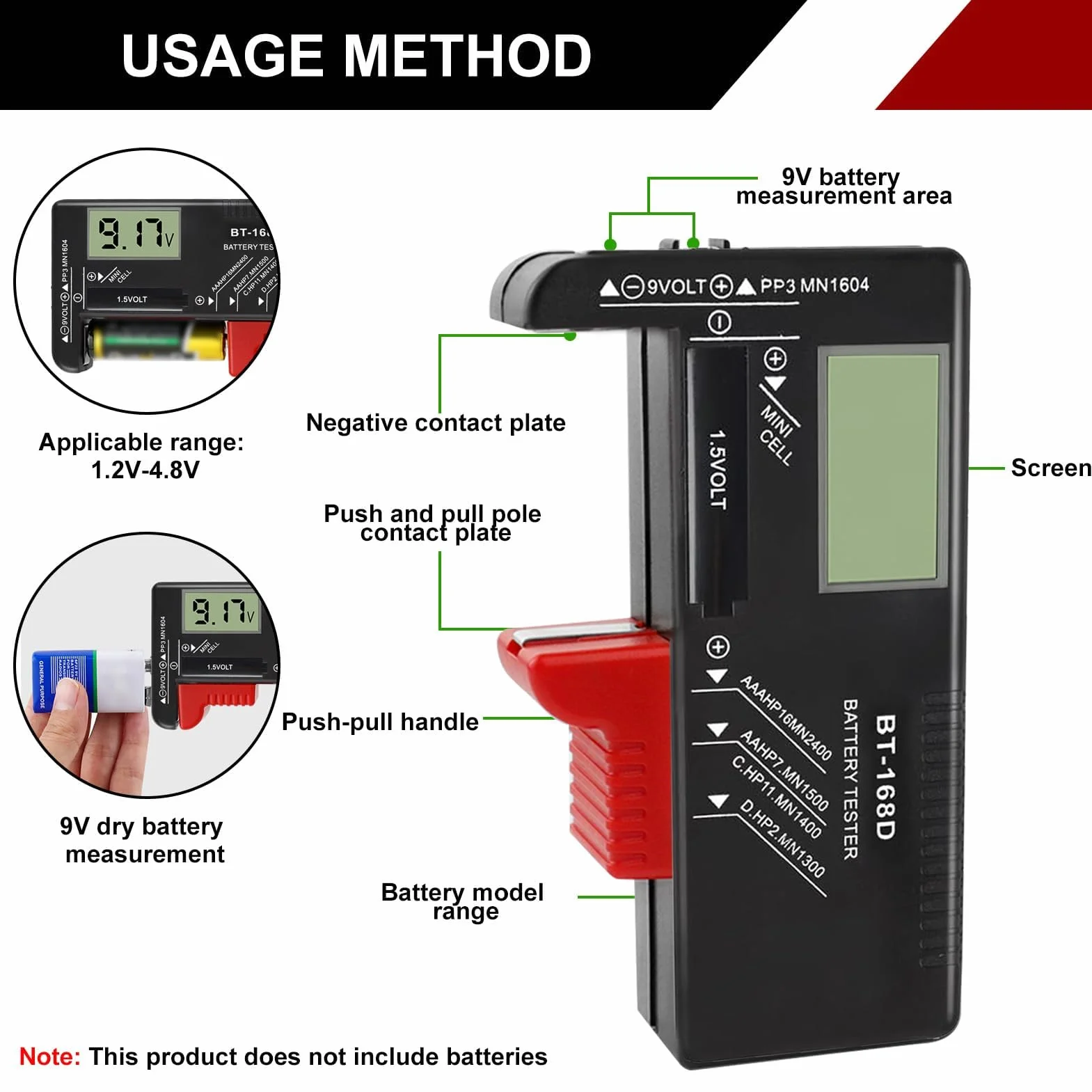 Comprobador de Pilas y Baterías Universal Digital BT-168D para Pantalla LCD, Medidor de Carga Pilas AA AAA C D 9V 1,5V y Pilas de Botón, Battery Tester Compacto y Portátil para Uso Doméstico
