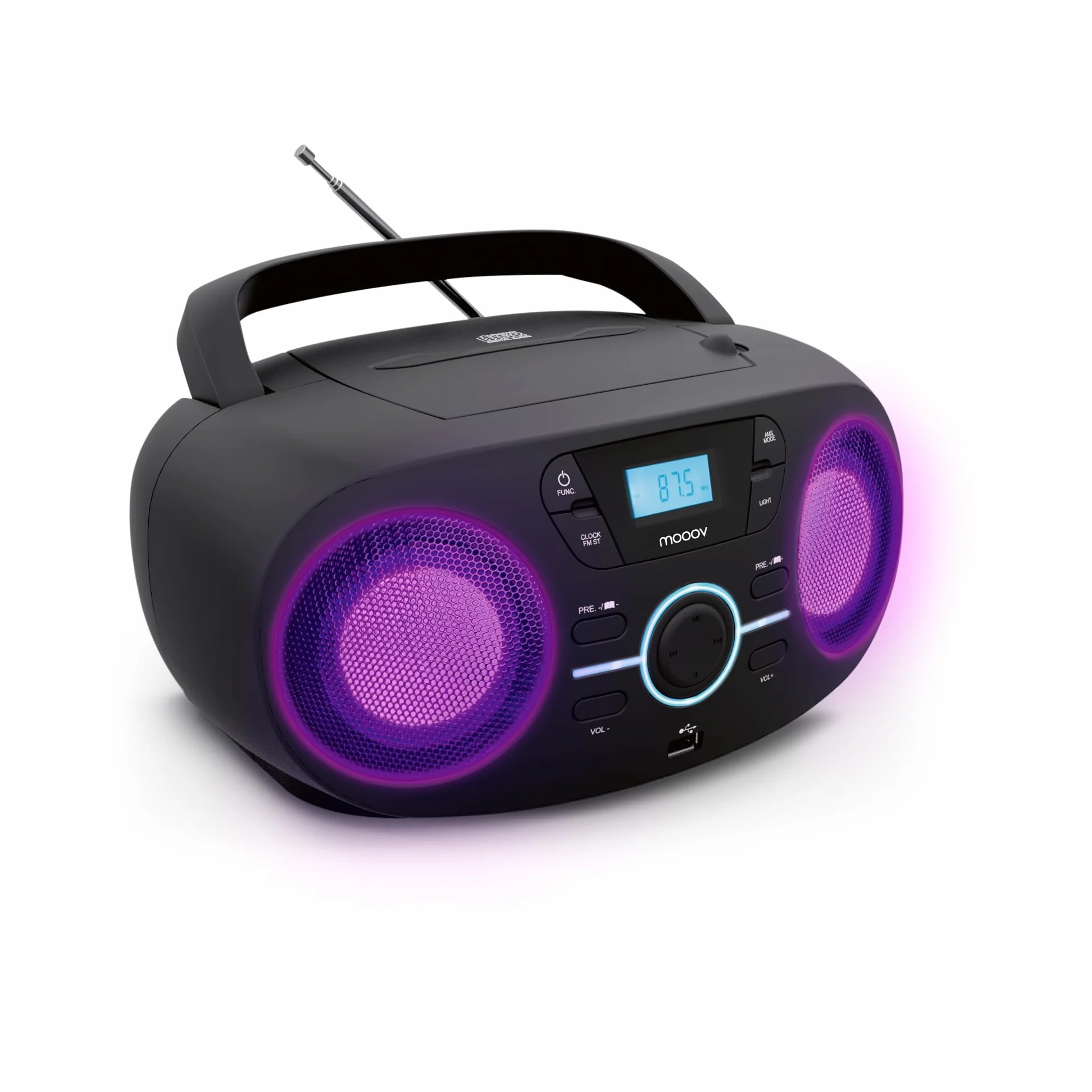Mooov Reproductor de CD portátil Lector CD Audio CD-R/CD-RW/CD-MP3 Radio FM Puerto USB Negro
