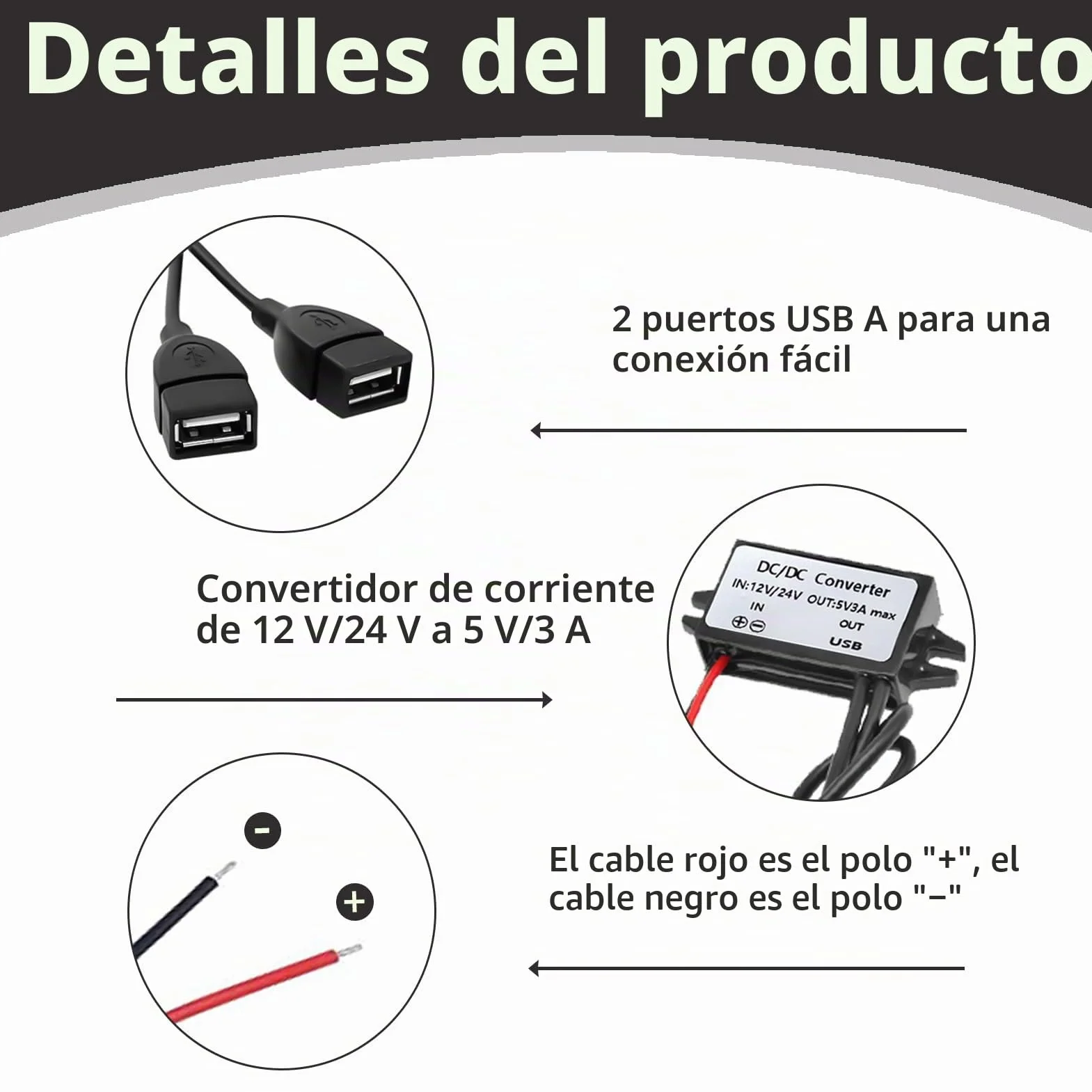 Módulo Convertidor DC 12V a 5V 3A, Convertidor Voltaje Coche USB, Módulo con Doble Puerto USB, Adaptador para Coche, Cargador Teléfonos, Radio, Audio, Panel Solar, Equipos Industriales y Más