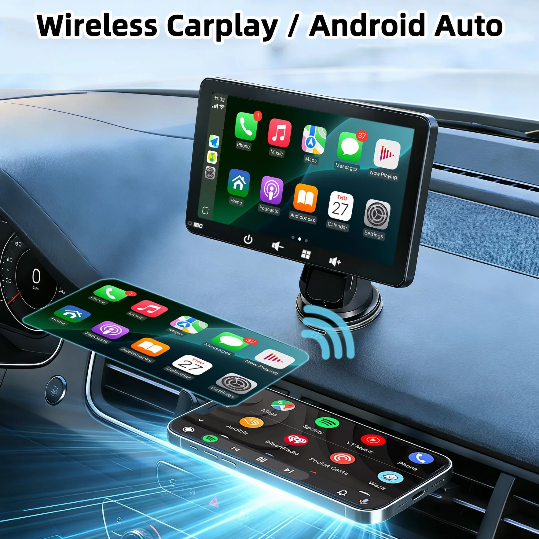Pantalla Coche 7" con Carplay y Android Auto Inalámbrico - Radio Portatil con Pantalla Tactil | FM Transmisor, AUX, USB | Cámara Trasera | Plug & Play para la Mayoría de Coches (7 Pulgadas + cámara)