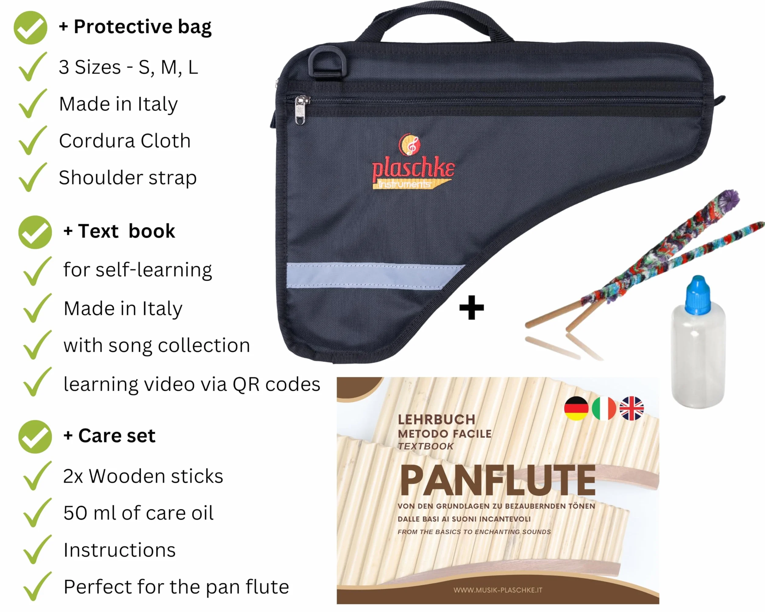 Plaschke Instruments Flauta de pan del Tirol del Sur, paquete con bolsa, libro de aprendizaje, kit de cuidado, 20 tonos en G mayor