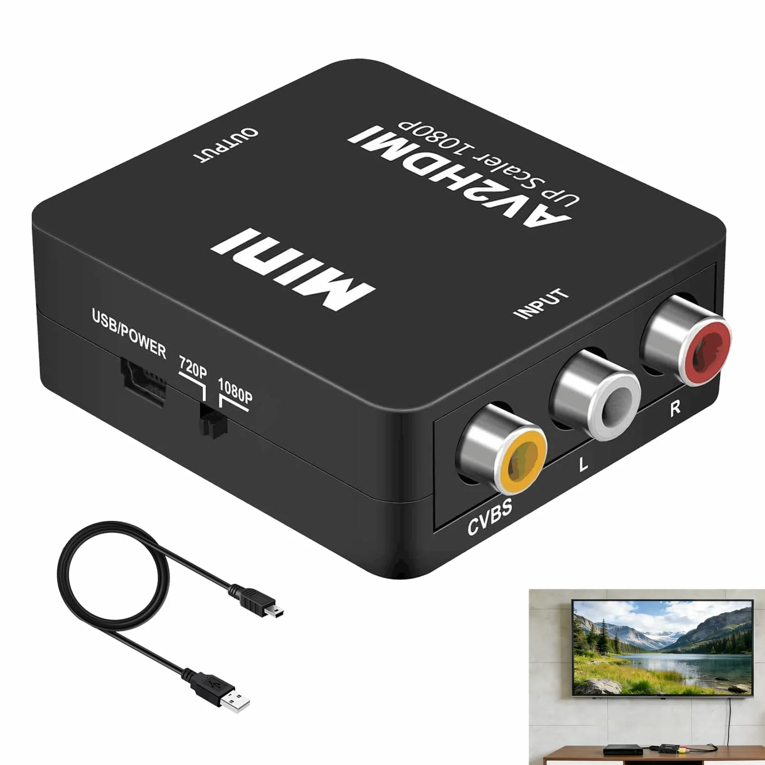 Adaptador RCA a HDMI 1080P, Convertidor AV a HDMI con Soporte para Wii, PS2, Gamecube, DVD, VHS, Laptop, Proyector, Compatible con Televisores y Monitores, Cable de Alimentación USB Incluido (Negro)