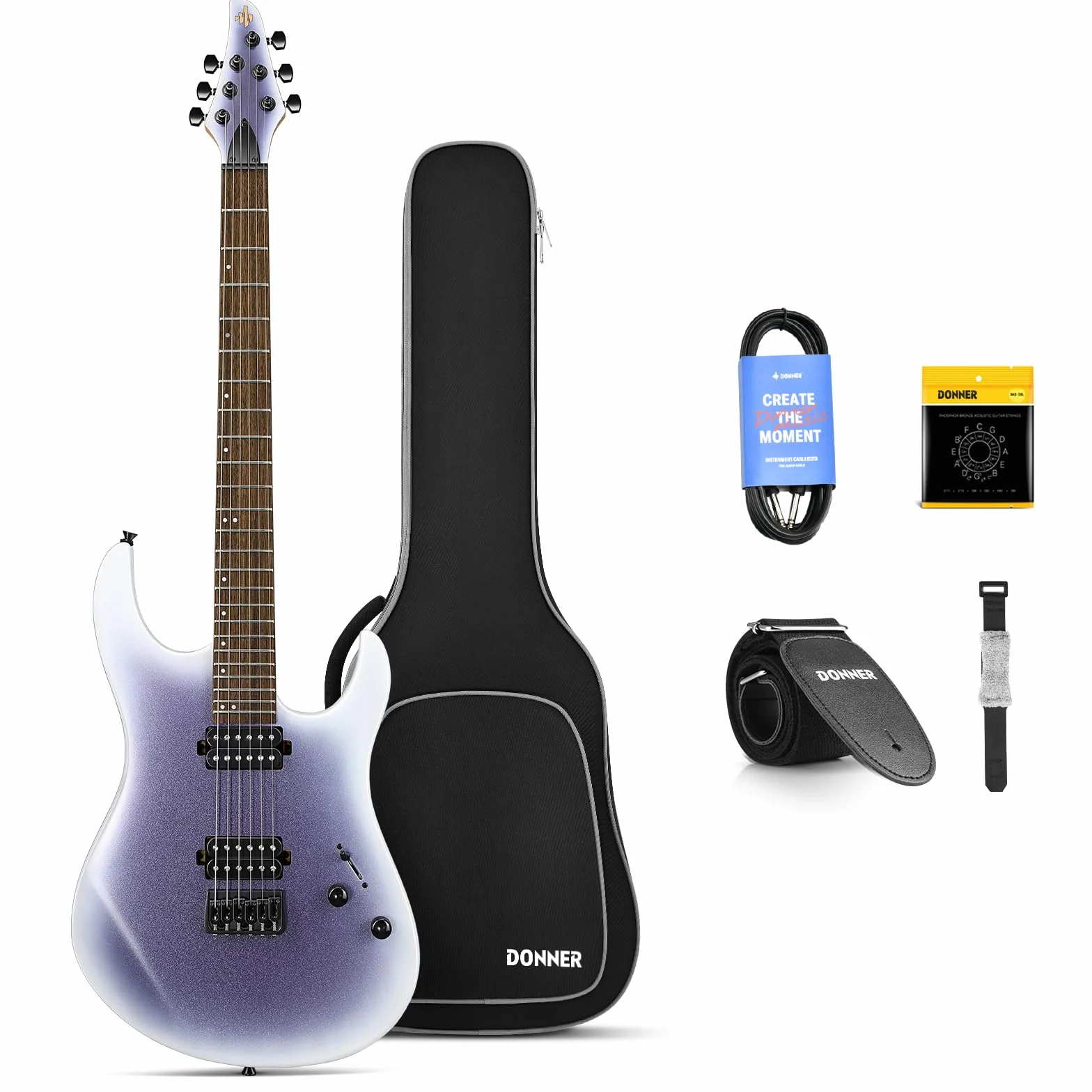 Donner Solid Body Guitarra eléctrica (metal, 39 pulgadas, con pastillas H-H, cuerdas, correa, cable, amortiguador de cuerdas para los amantes de la música rock, DMT-100 (Violeta Degradado)