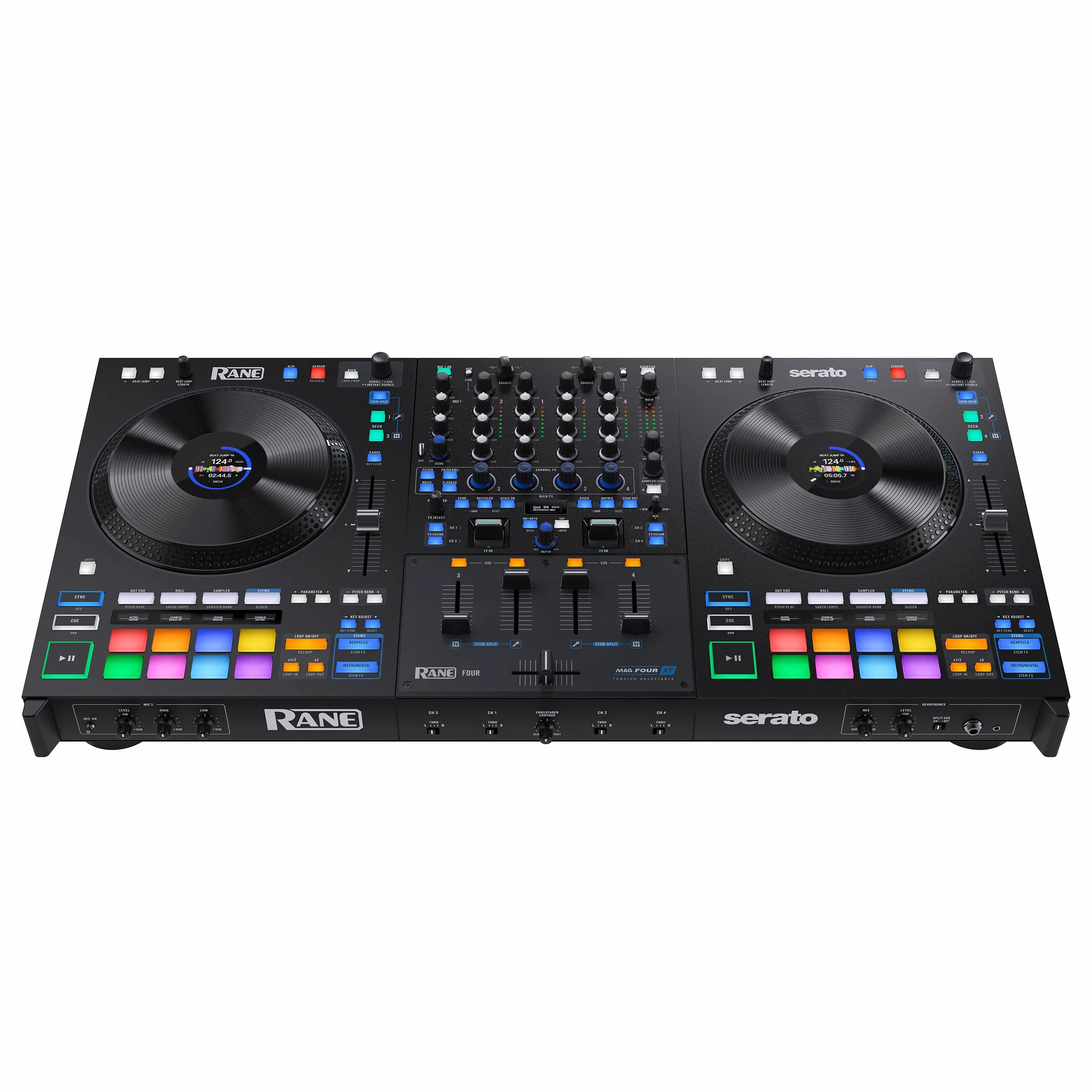 RANE FOUR Controlador DJ Stems Avanzado, 4 Canales, Jog Wheels de 8.5 Pugadas + Displays, Mezclador DJ con FX Internos, Serato DJ Pro + Pitch 'n Time DJ