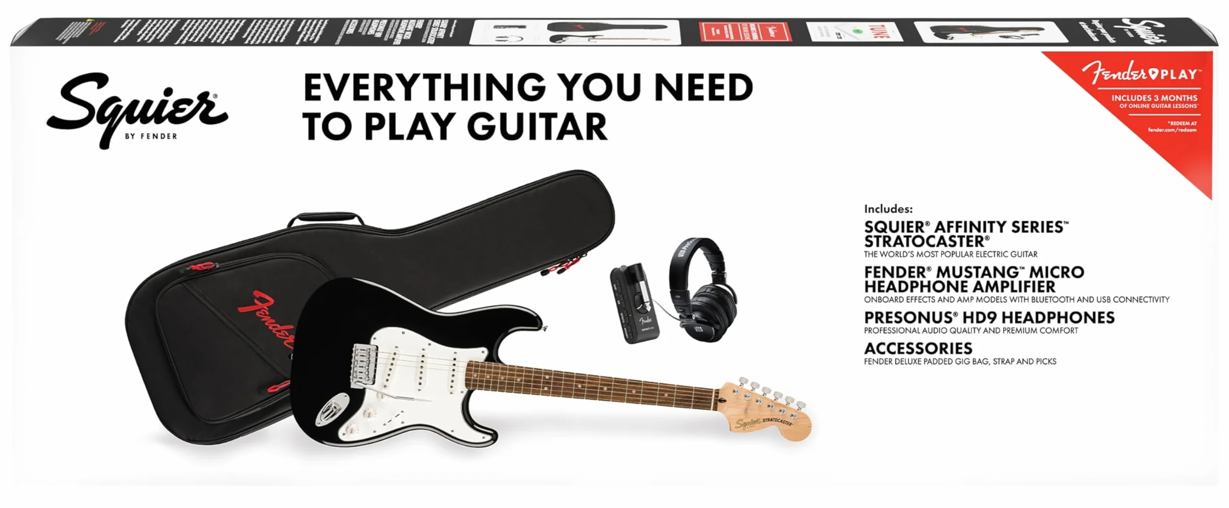 Paquete de guitarra eléctrica Squier by Fender Affinity Series™ Stratocaster®: incluye Mustang™ Micro, auriculares HD9, correa, púas, funda y Fender Play