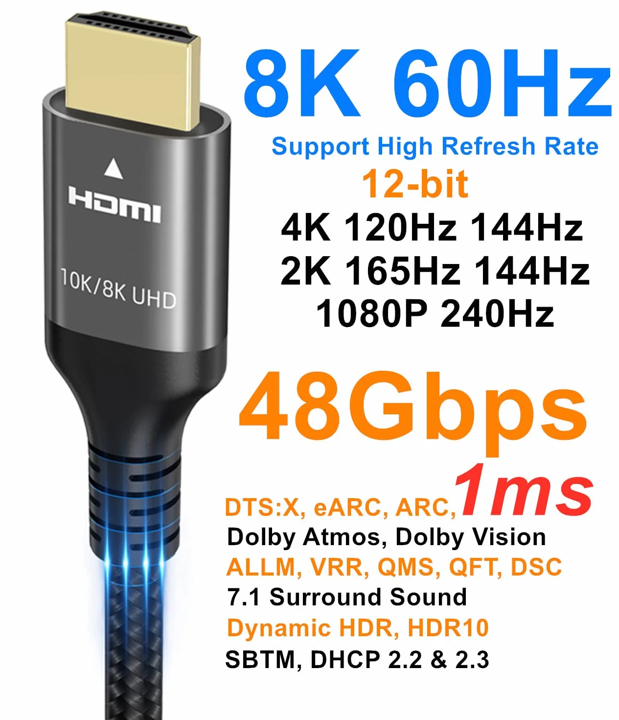 Ubluker Cable HDMI 48Gbps 1.5M Ultra Alta Velocidad 4K 240Hz 144Hz 8K60Hz HDR10+ eARC HDCP2.3