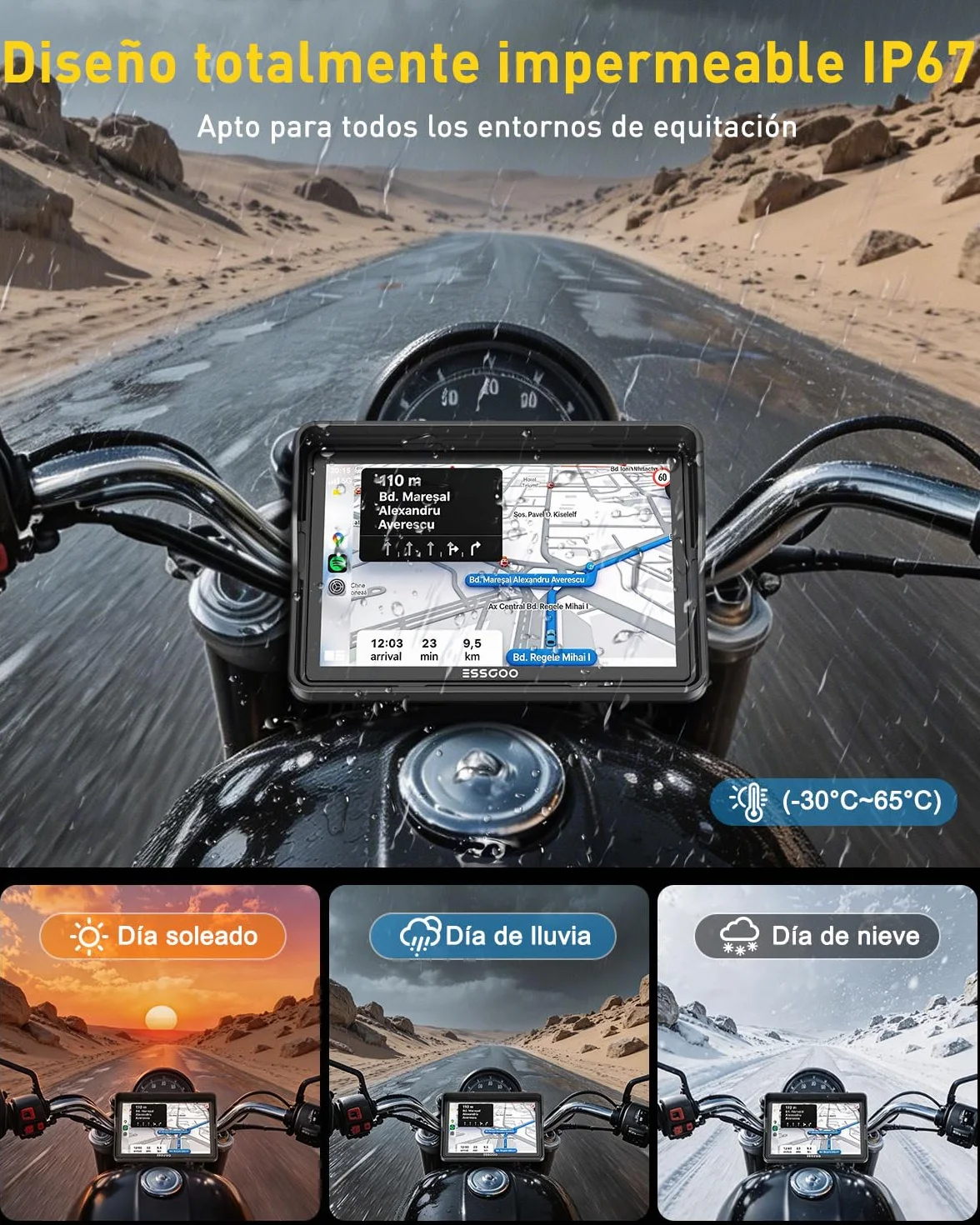 ESSGOO Carplay Moto 5 Pulgadas Pantalla Táctil, Android Auto GPS Navegador, Inalámbrico, IP67, Dual Bluetooth