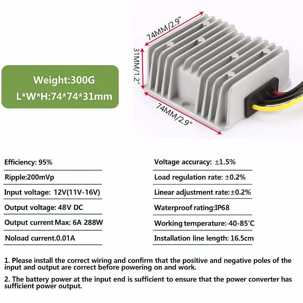 Guuzi Convertidor de CC de 12V a 48V 6A 288W Step-Up Regulador Elevador de Voltaje, Módulo Convertidor, Fuente de Alimentación para Automóvil, Potencia Módulo Impermeable Transformador