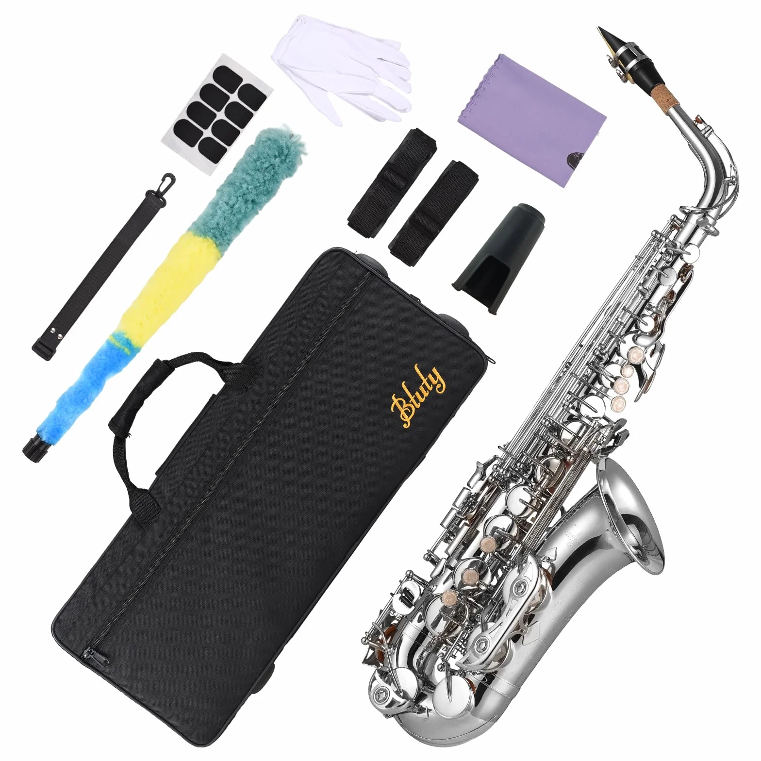 Btuty Eb Saxofón Alto Latón E Flat Sax 802 Tipo de Llave Instrumento de Viento de Madera Cuñas llaves saxo Sax Key Props para Alto con Barra de Limpieza Guantes de Tela Correa Funda Acolchada