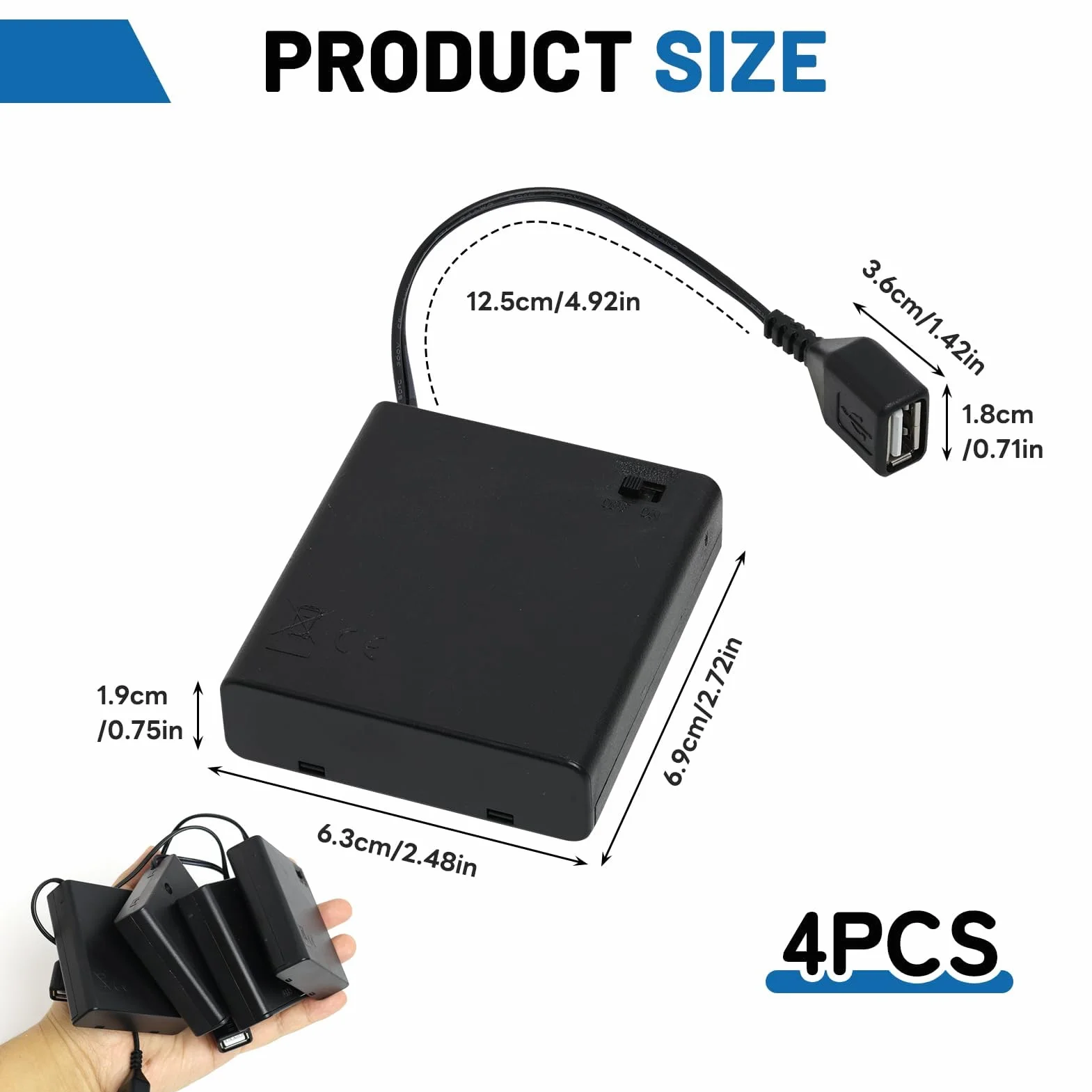 Portapilas AA, 4 Cajas de Pilas 4xAA, Porta Pilas AA con Tapa e Interruptor, Conexión a Interruptor USB, Soporte de Batería para Luz LED RC Cars