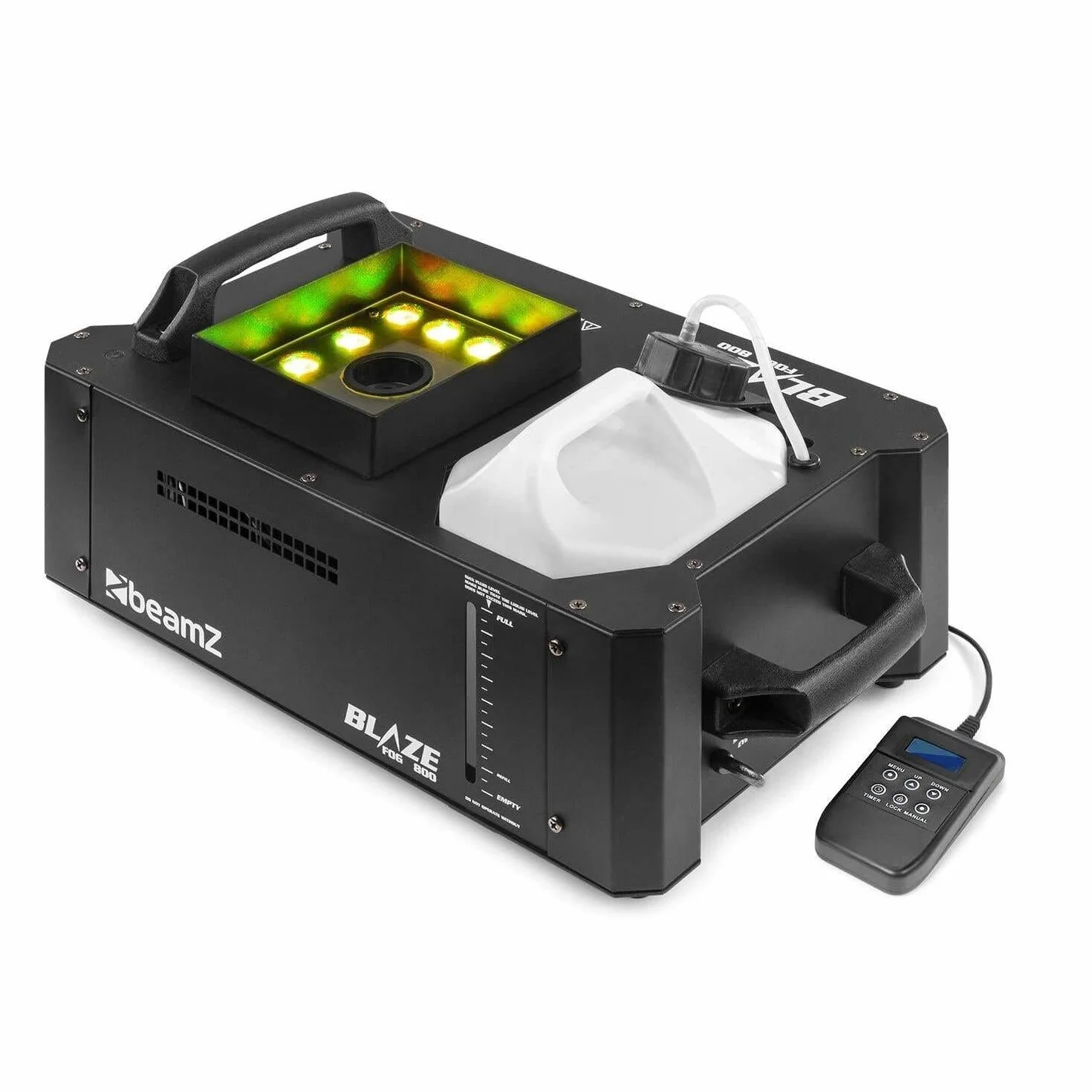 BeamZ BLAZE800 máquina de humo profesional 800W con 12 LED RGBA, control DMX 8 canales, doble emisión vertical/horizontal, tanque 2,8L, mando a distancia incluido