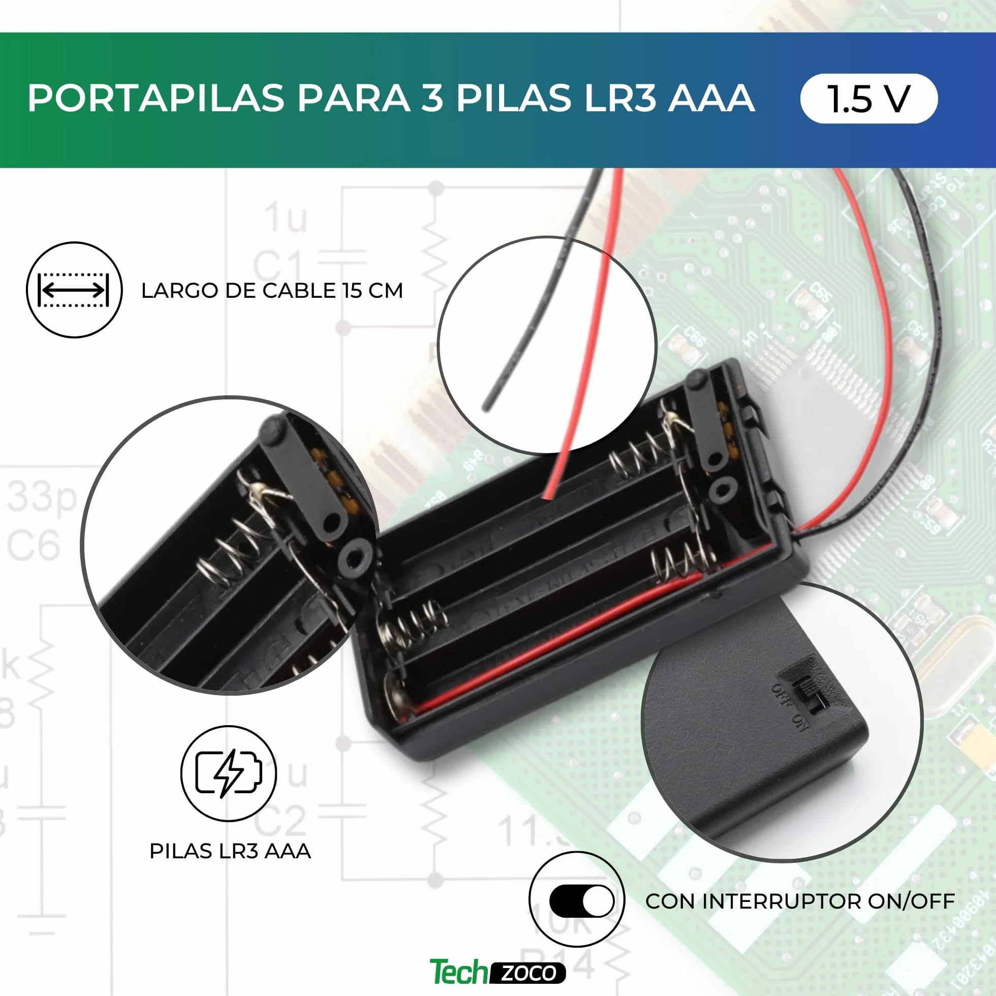 TECHZOCO Portapilas con Interruptor ON/Off, Soporte de Batería AAA, Caja de Batería, Porta Pilas, Incluye Cable de 200mm, Voltaje Total: 4.5V (1.5V por Pila), Apto para 3 Pilas LR3 AAA (FR3, HR3, LR3)