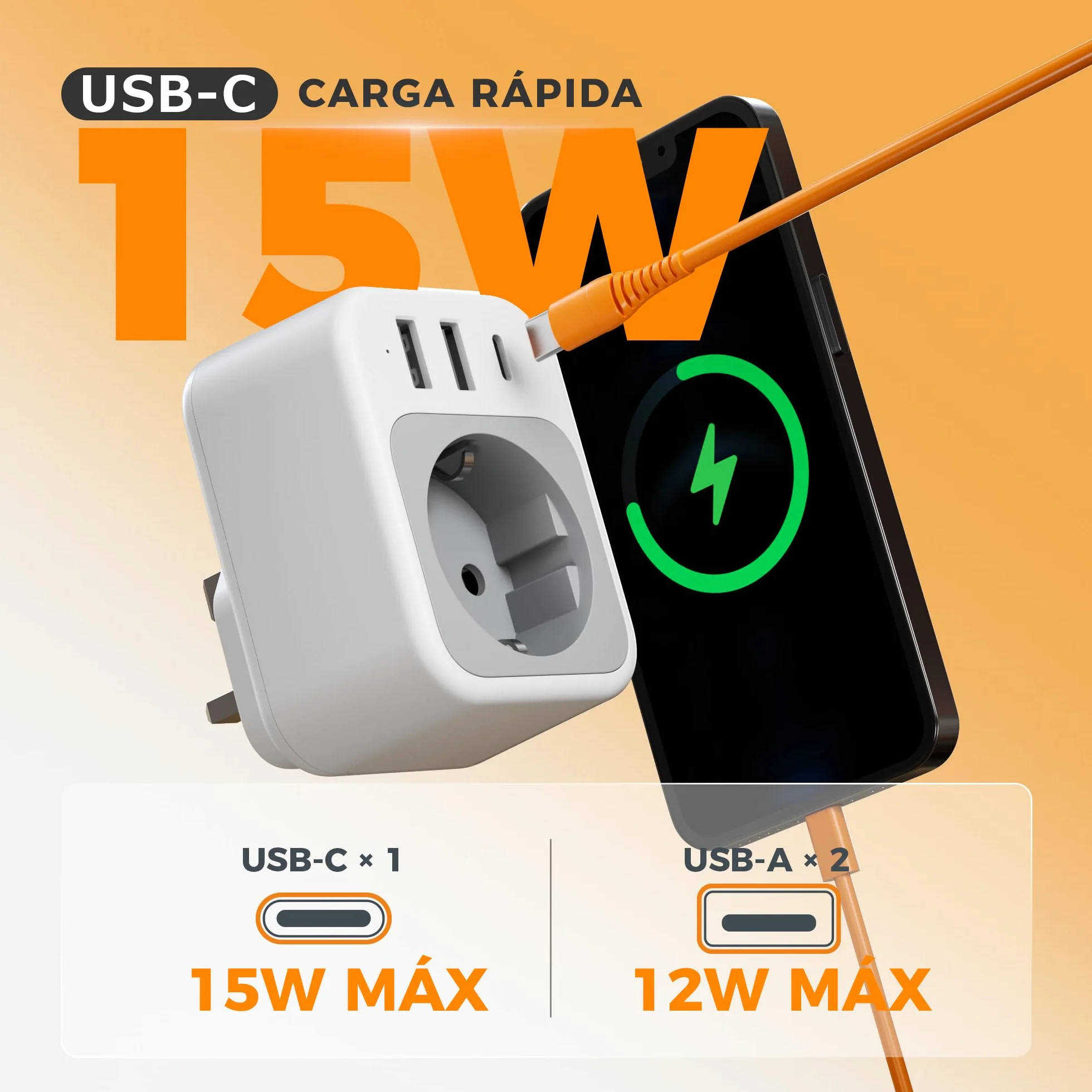 TESSAN Adaptador Enchufe UK, 4 en 1 Adaptador Enchufe Ingles con USB C y 2 USB A, 3250W Adapter Español a Ingles, Adapter Tipo G para Irlanda Malta Malasia Vietnam Chipre