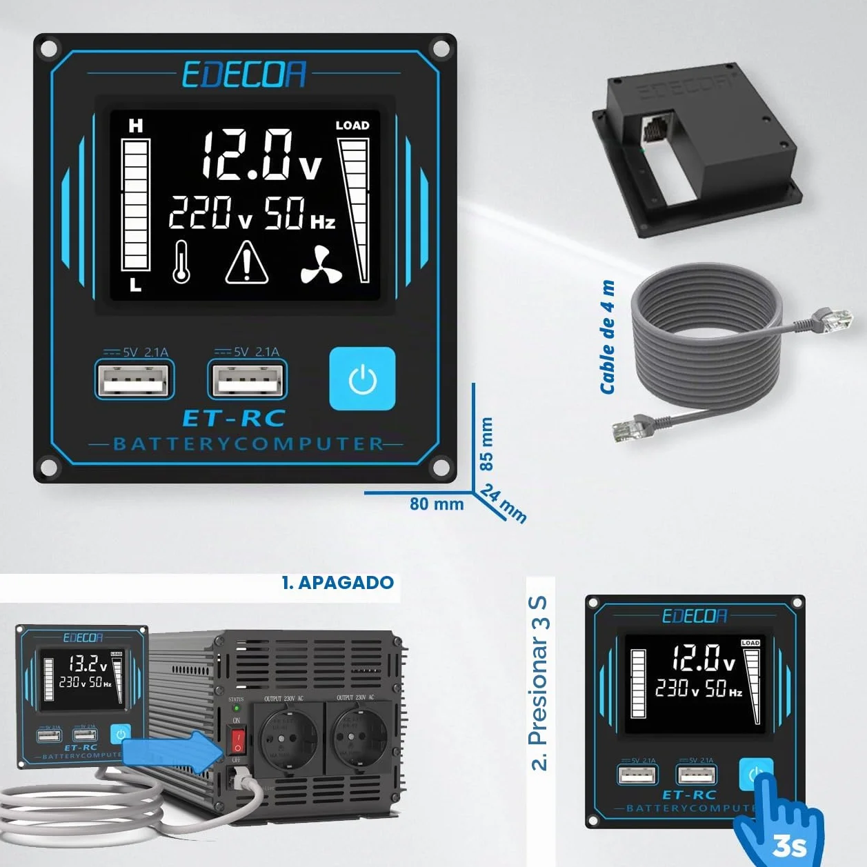 EDECOA Inversor 12v 220v 2000w conversor energia 12v 230v con Mando 2X USB Transformador Onda modificada con Sistema de Aislamiento galvanico (2a generacion)