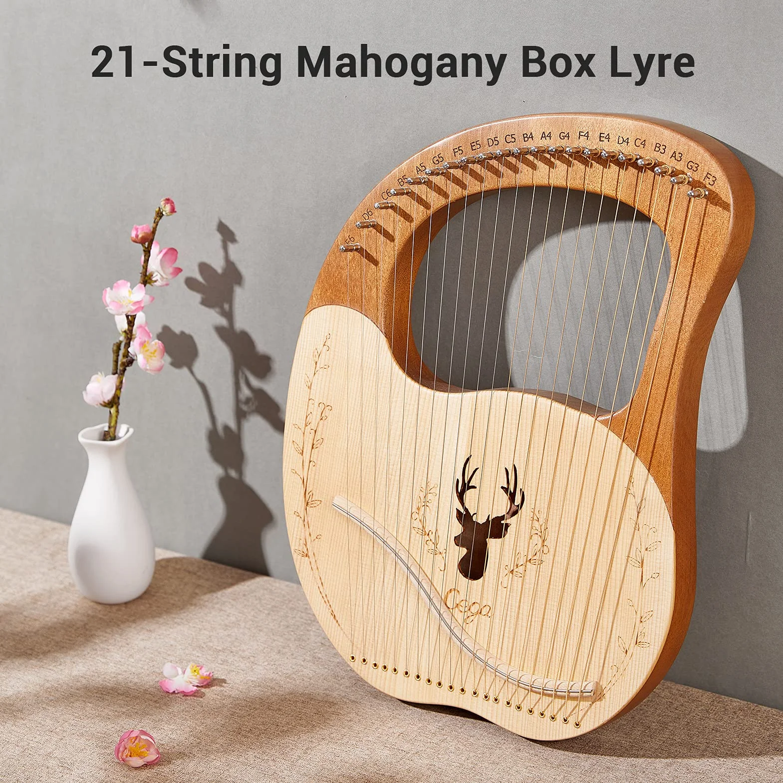 HUIOP lira,Cega 21 cuerdas de metal Lyre Harp Box Lyre Harp Spruce Topboard Tablero de caoba Instrumento de cuerda con llave de afinación Cuerdas Picks Music Note Sticker,arpa lira con llave de afinac