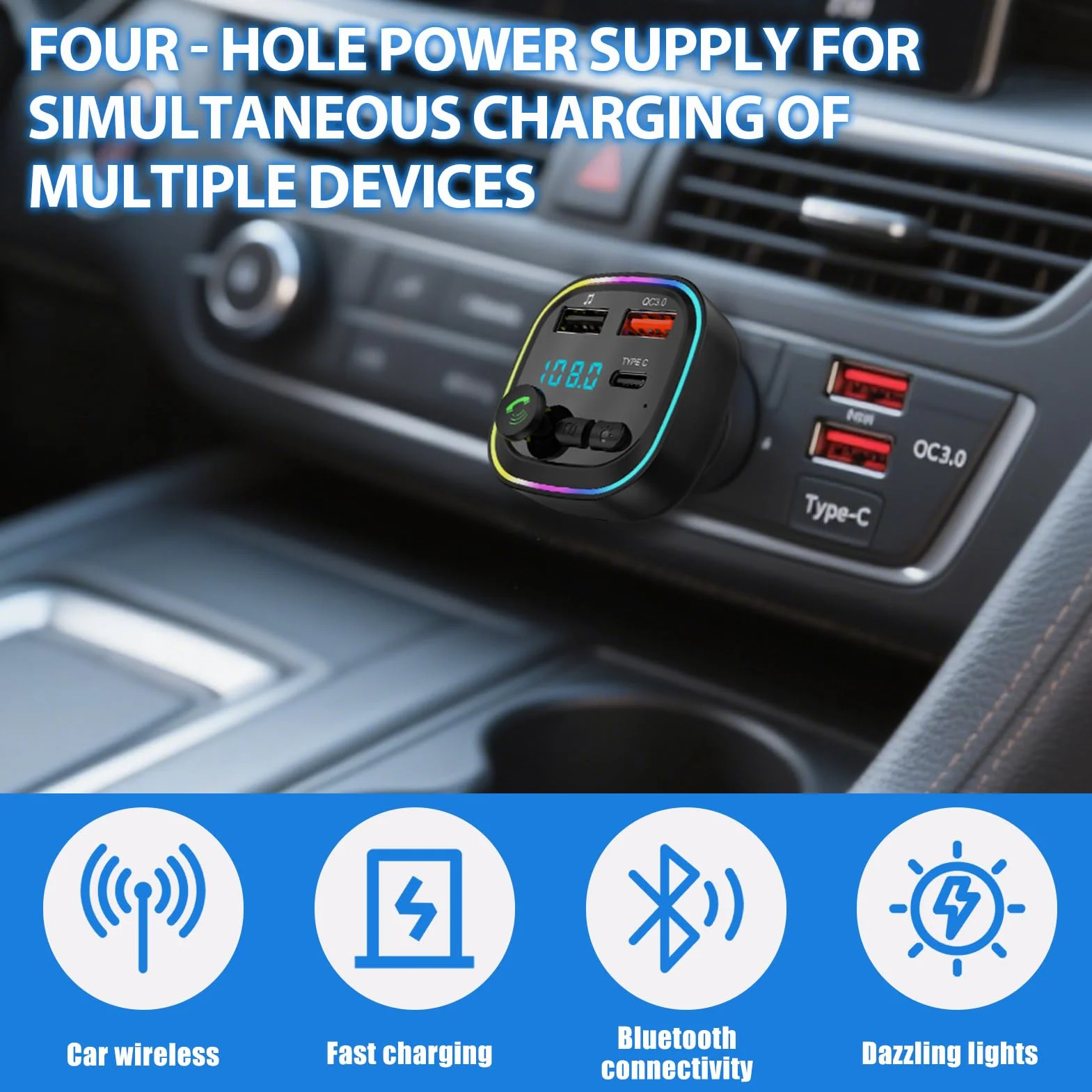 Transmisor FM Bluetooth para Coche, Adaptador de Manos Libres con 2 USB 5V/3A, QC 3.0+Tipo C 20W PD, Llamadas Manos Libres, MP3 Estéreo Música Coche