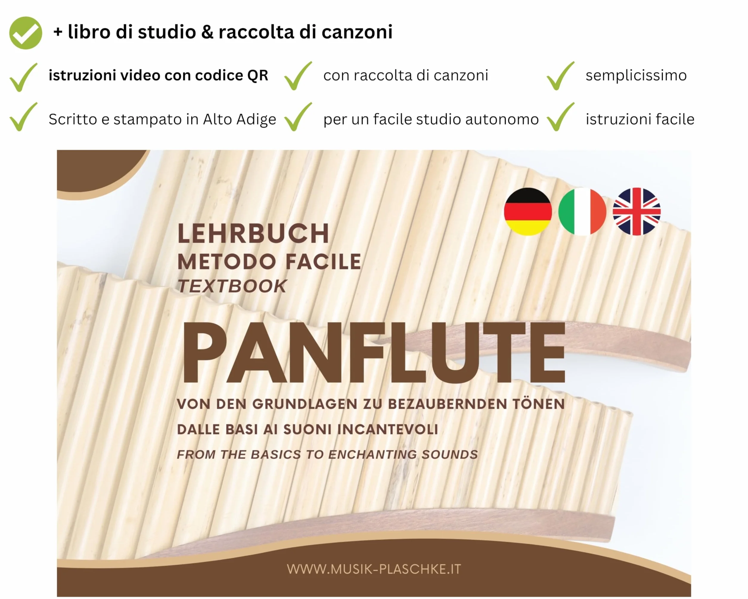 Plaschke Zampoña, Flauta de pan con cinturón de madera, hecha a mano con libro, made in Italy, 15 tubo