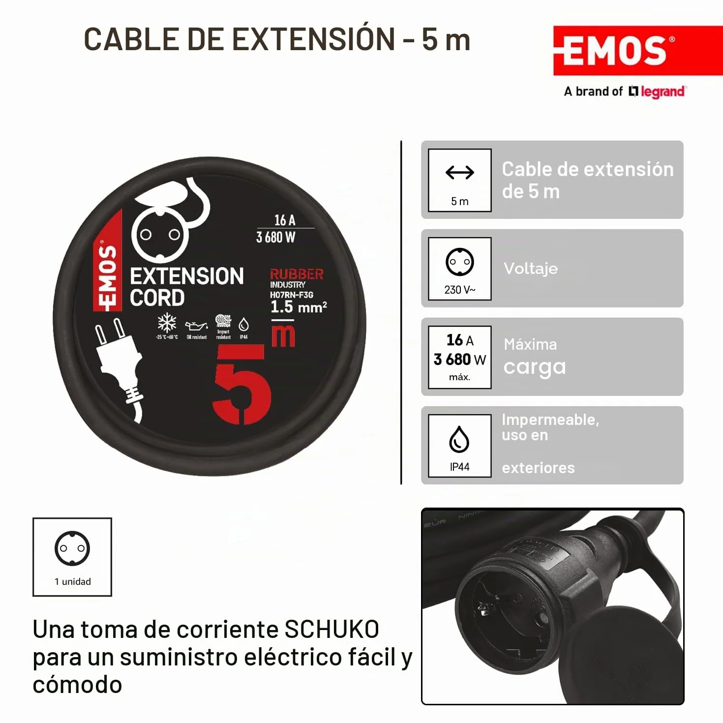 EMOS Przedłużacz IP44 5m Schuko 230V 16A 3680W H07RN-F3G 1.5mm² Czarny