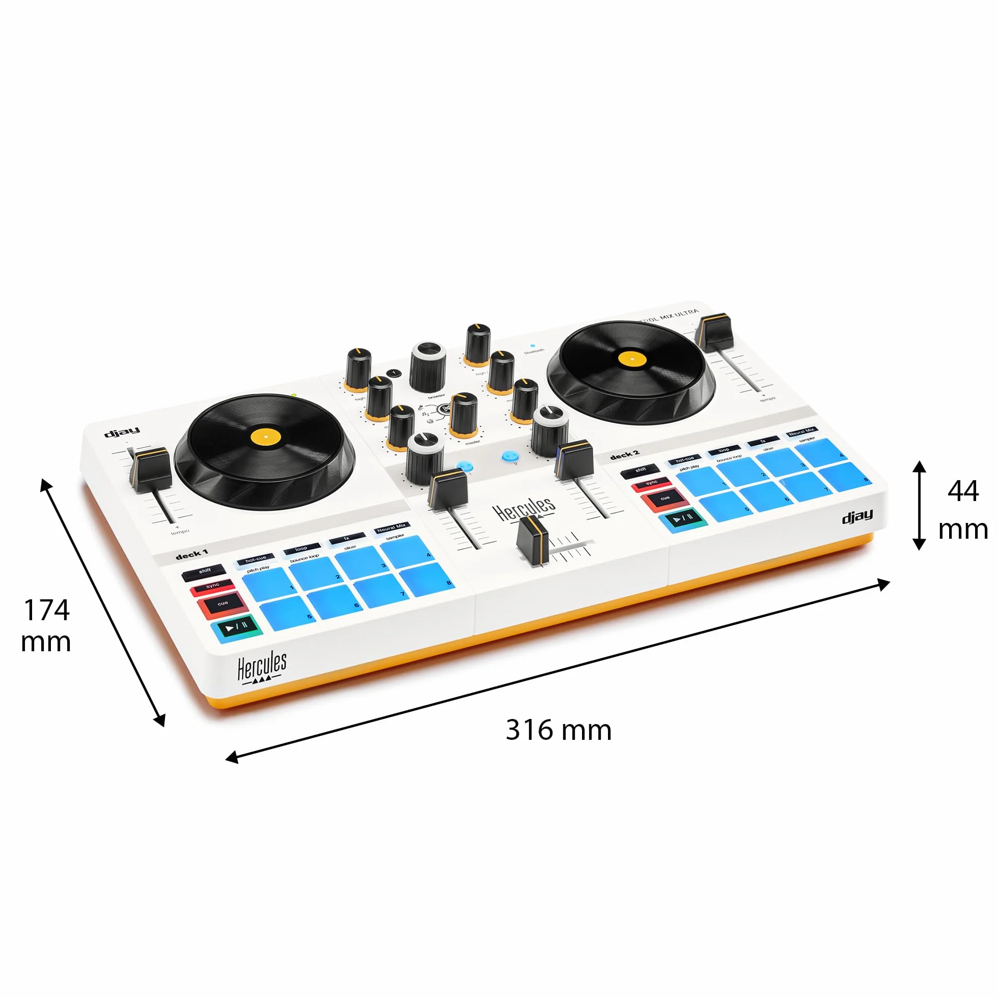 Hercules DJControl Mix - Controladora DJ Inalámbrica Bluetooth para Smartphone (iOS y Android, Algoriddim djay Incluido, Portátil, 2 Decks con 8 Pads) Blanco