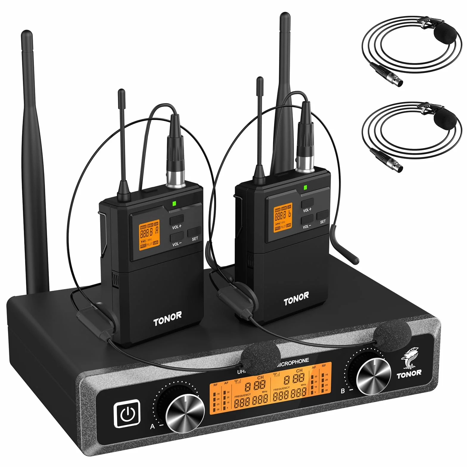 TONOR Sistema de Microfono Inalambrico, con Micrófono Diadema/Lavalier Solapa Bolsillo Mic, Bodypack Transmisorcon, Receiver de Metal, 2x5 Frecuencias UHF, 60M para Cantar Karaoke Lglesia Reunión