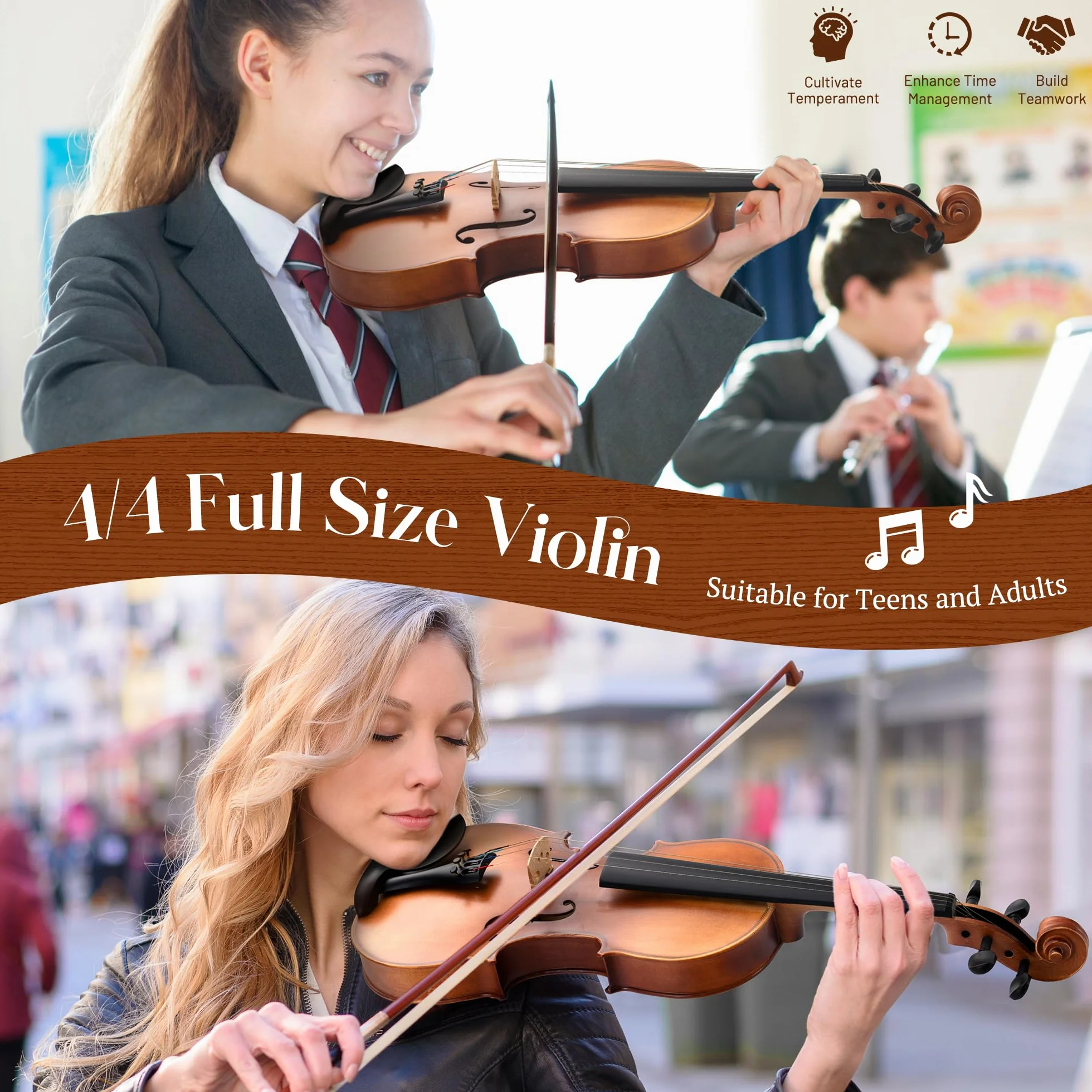CAHAYA Violín d Madera Maciza Tamaño 4/4 – Exquisita Artesanía Conjunto de Violin con Estuche de Violín Apoya-Hombros Afinador d Resina para Principiantes y Iños arco doble