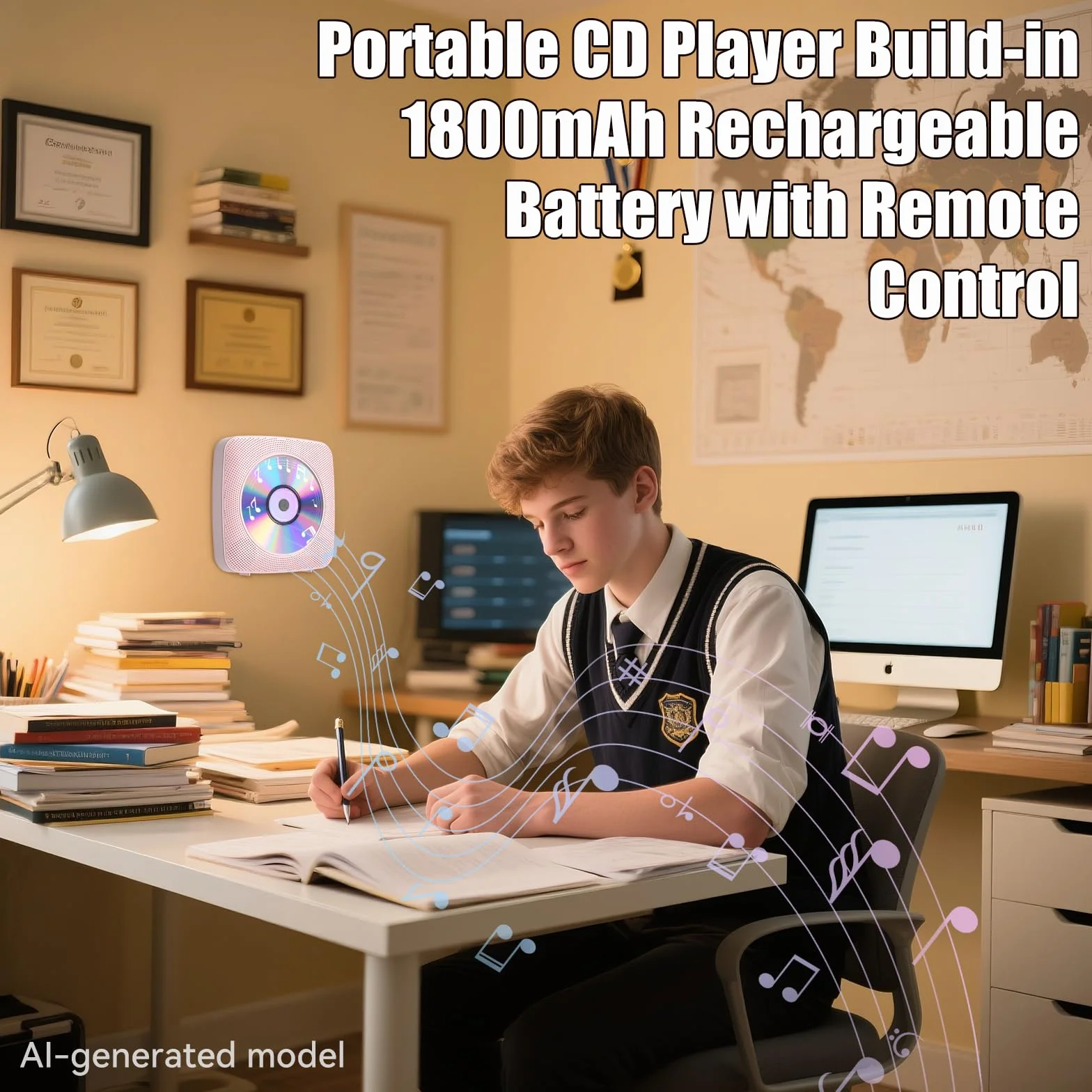 Gueray Reproductor de CD Portátil Bluetooth 1800mah Reproductor de CD Adecuado para Reproductores de CD Domésticos con Altavoces Dobles, Radio FM, Remoto, Puerto de Auriculares USB AUX-Rosa
